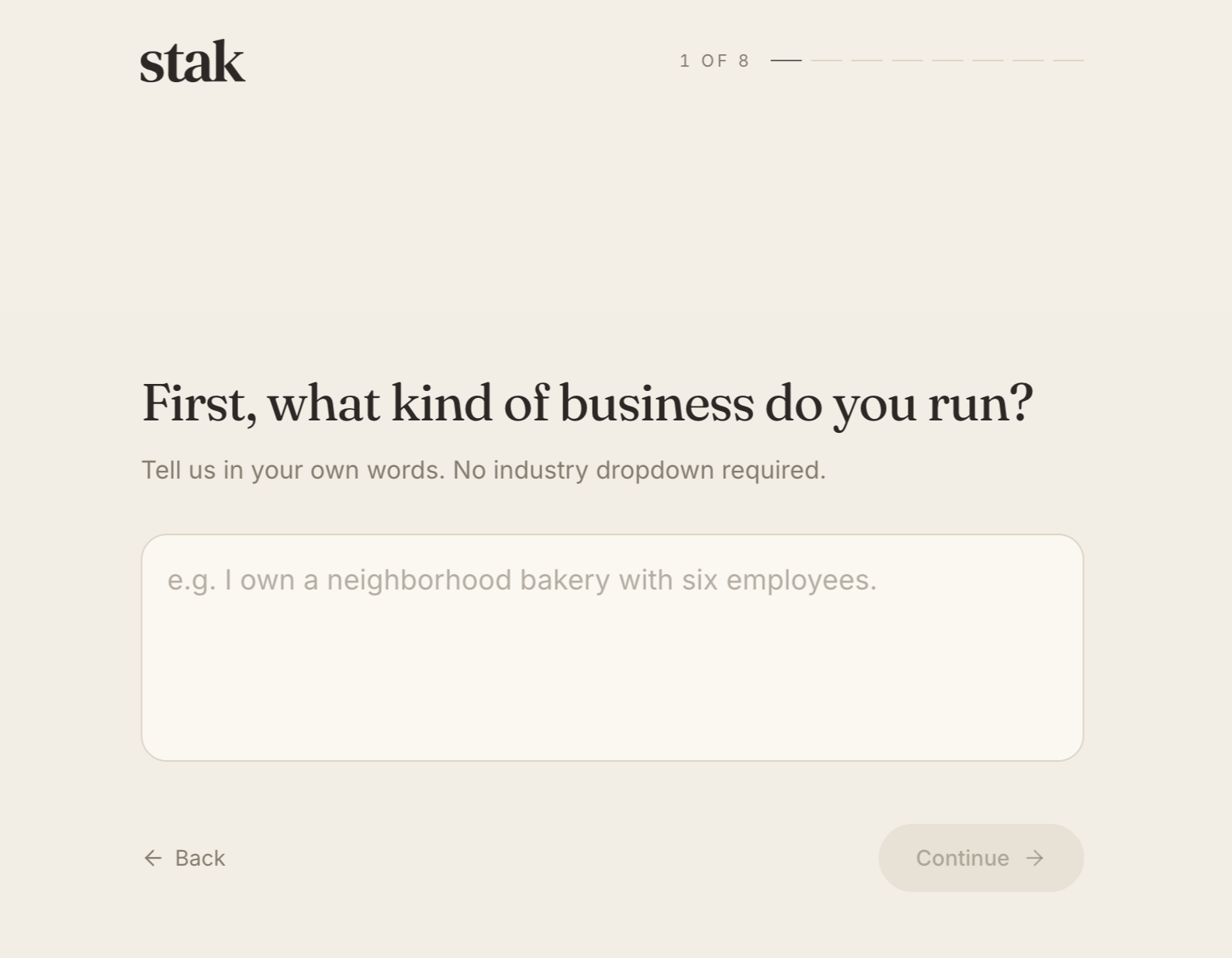 A webpage asking about the user's business type with a prompt to describe it in their own words, including example text for input.