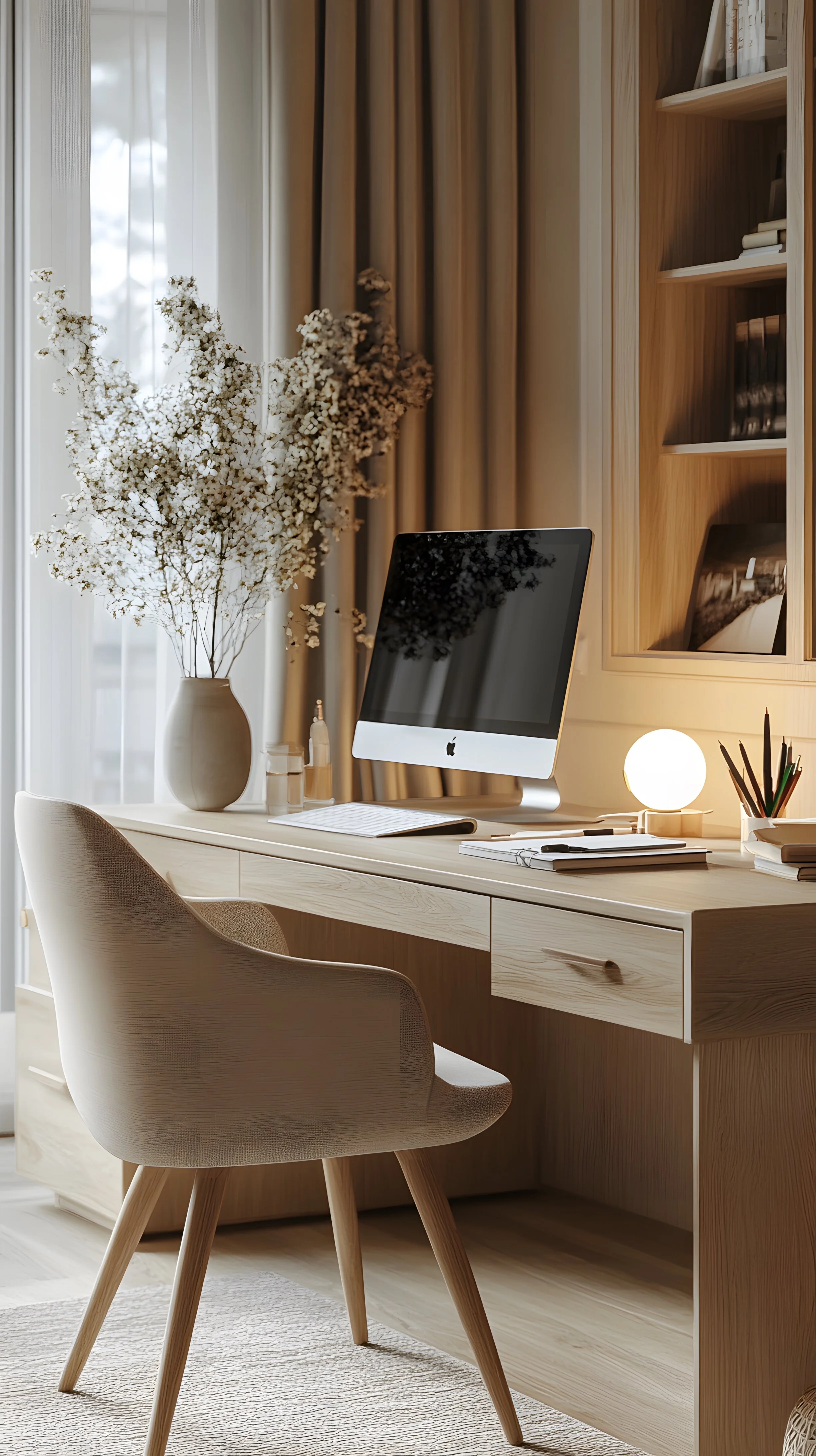 A modern home office with a wooden desk, a beige chair, a computer, a white lamp, a vase with white flowers, books on shelves, and neutral curtains.