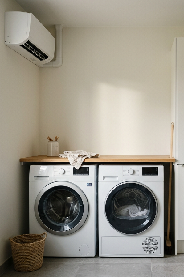 Laundry room with a washing machine and a dryer under a wooden countertop, a wicker basket on the floor, and an air conditioning unit on the wall.
