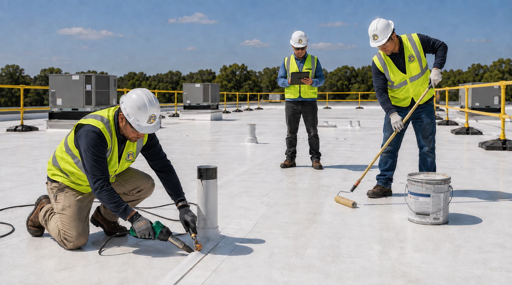 Penick Solutions roofing crew working safely on a commercial roof.