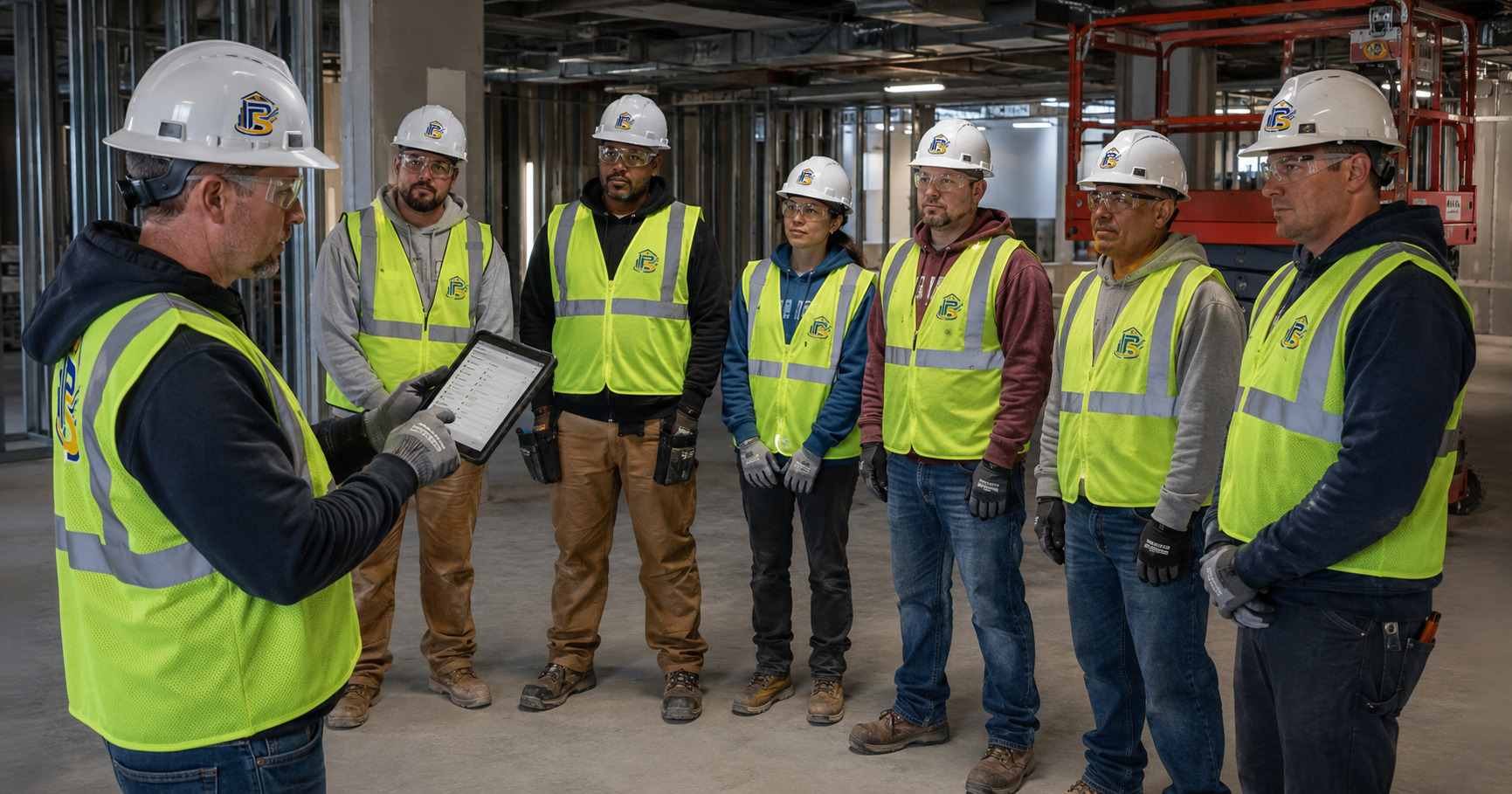 Penick Solutions skilled trades crew receiving a jobsite safety orientation in full PPE