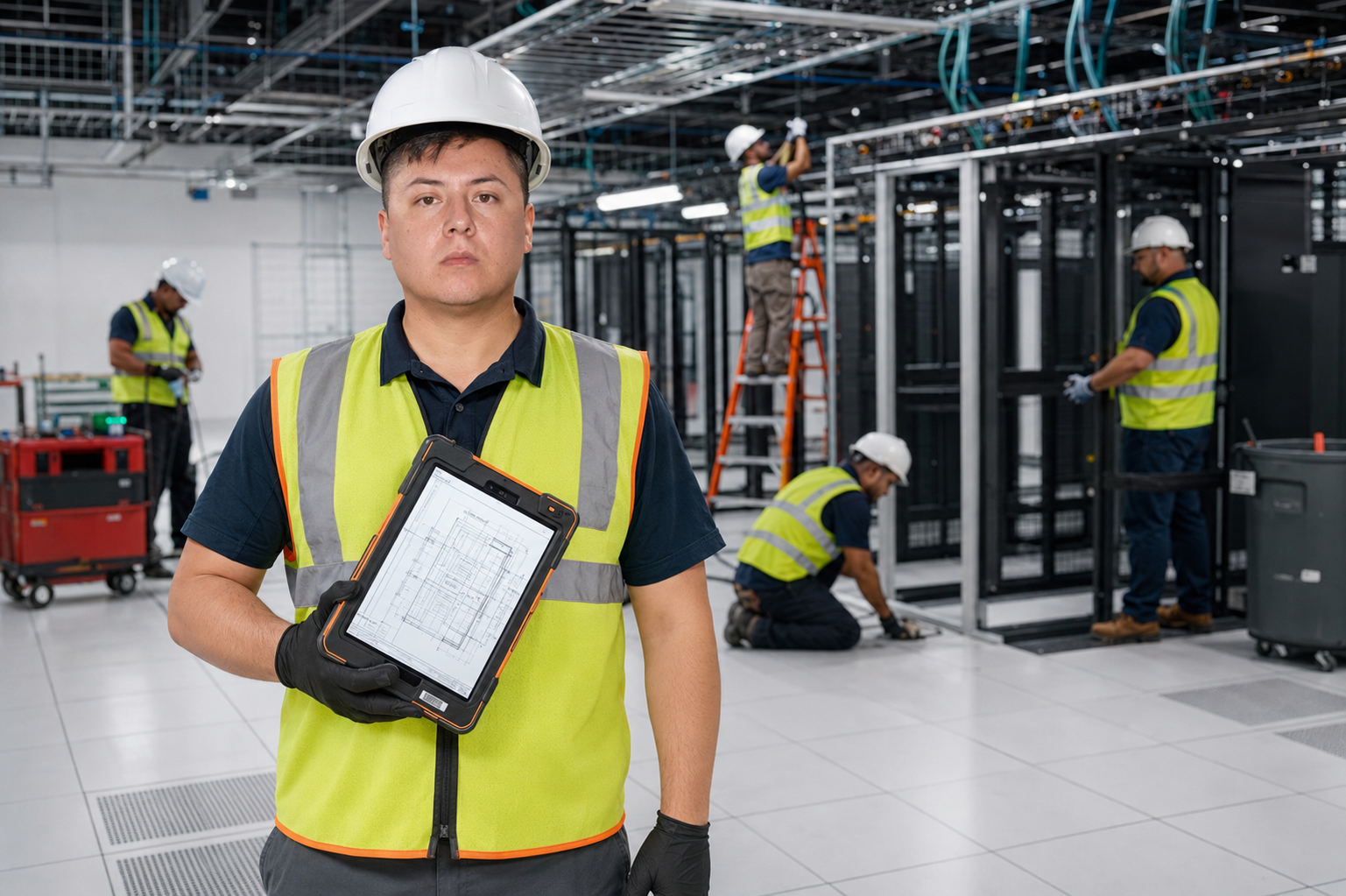 Penick Solutions foreman reviewing jobsite plans on a rugged tablet in a data center
