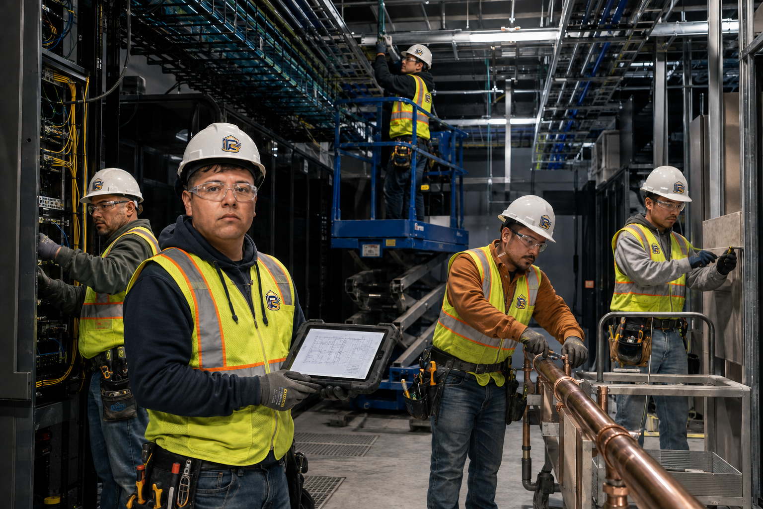 Penick Solutions data center construction crew working in full PPE with a foreman using a tablet