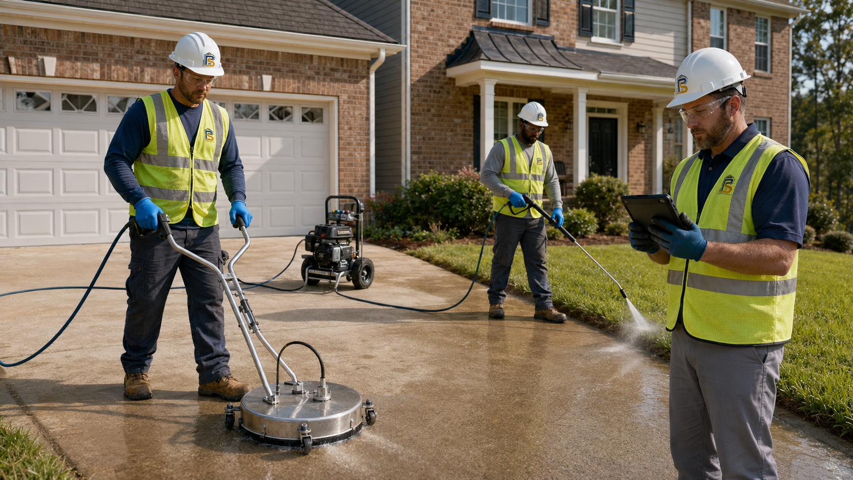 Penick Solutions crew restoring a residential driveway with professional pressure-washing equipment.