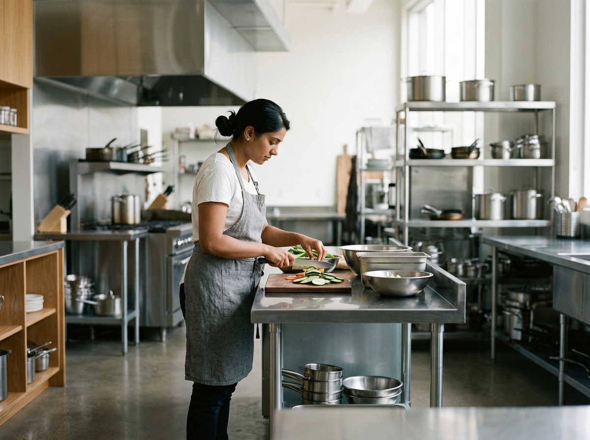 A woman in a grey apron chopping vegetables in a commercial kitchen.