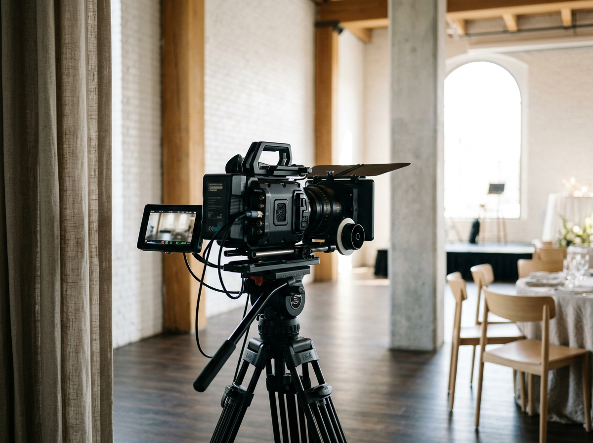 Professional video camera on tripod filming an event space with round tables, chairs, and large window with sunlight in the background.