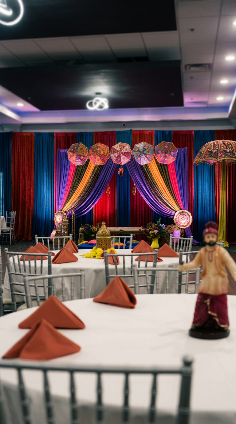 Decorated banquet hall with colorful drapery, umbrellas, and traditional Indian figurine for a celebration or wedding
