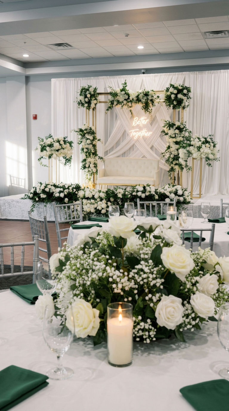 Elegant wedding reception with a stage featuring white drapery, floral arrangements, and a neon sign that says 'Better Together'. Tables are decorated with white flowers, candles, wine glasses, and green napkins.