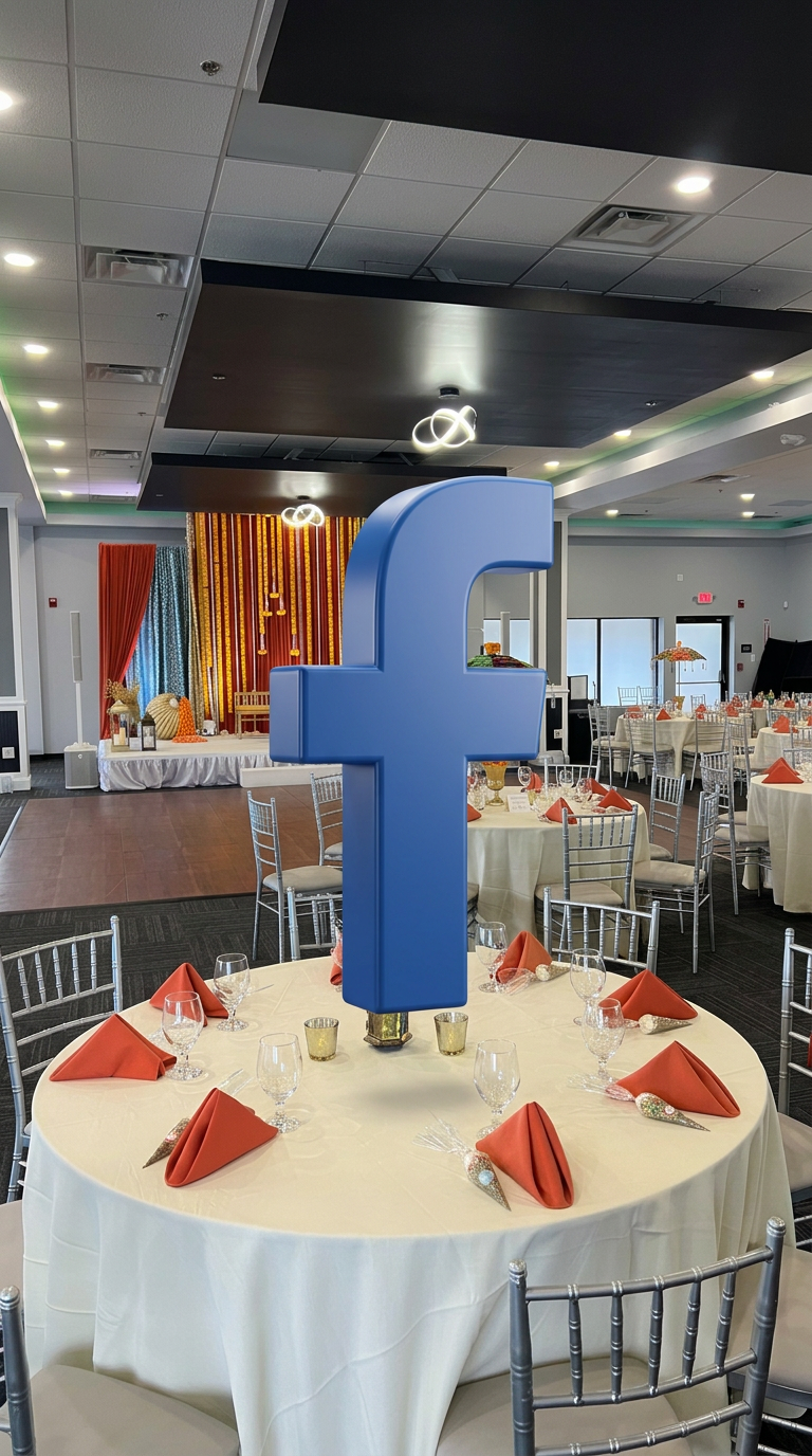 A large blue Facebook logo prop in the center of a round banquet table set for a formal event, with orange napkins, wine glasses, and decorative items, in a decorated event hall with a stage backdrop and ceiling lights