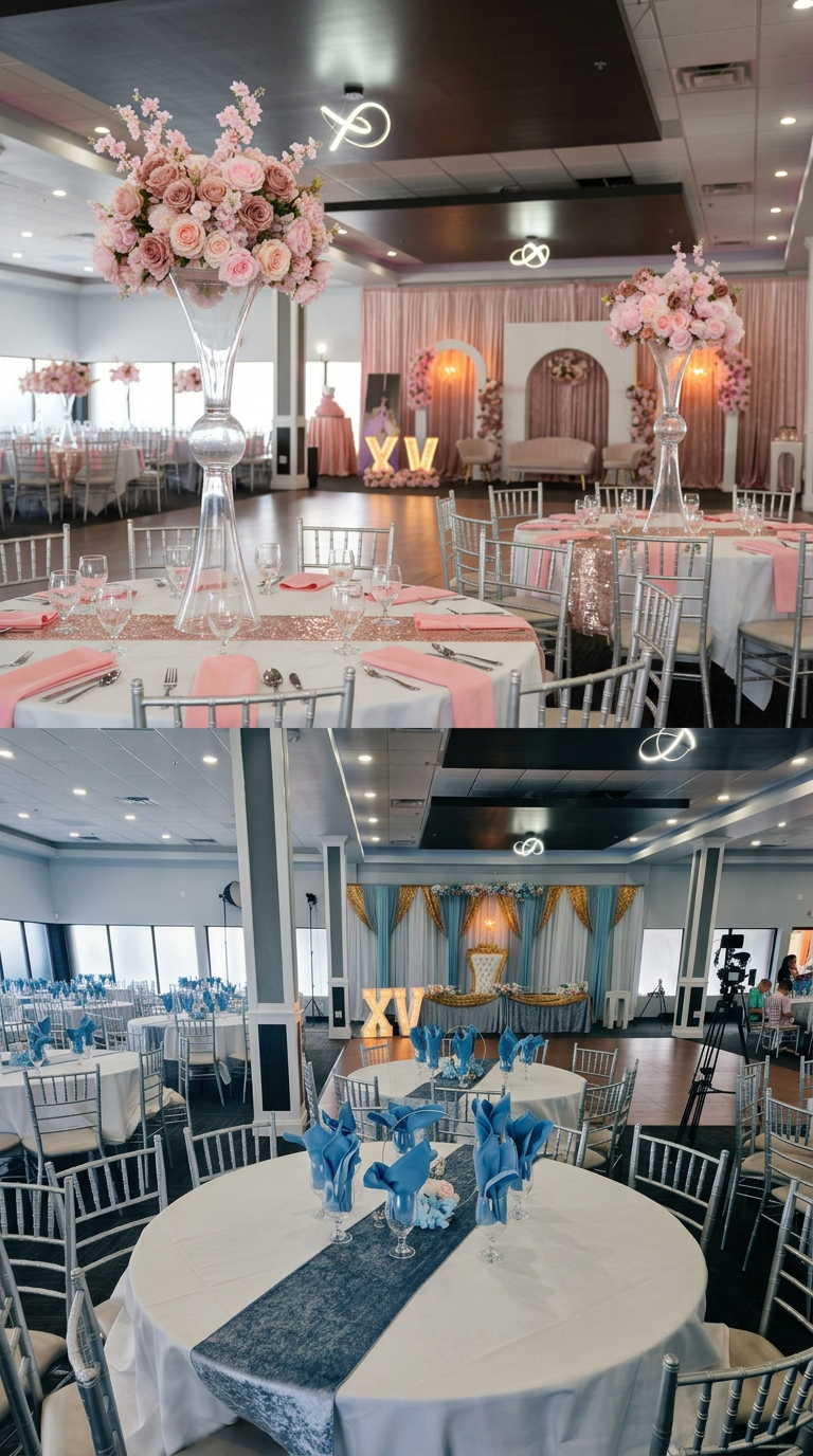 Decorated banquet hall for a celebration, with pink floral arrangements, pink and blue color themes, and large illuminated 'XV' signs indicating a quinceañera event.
