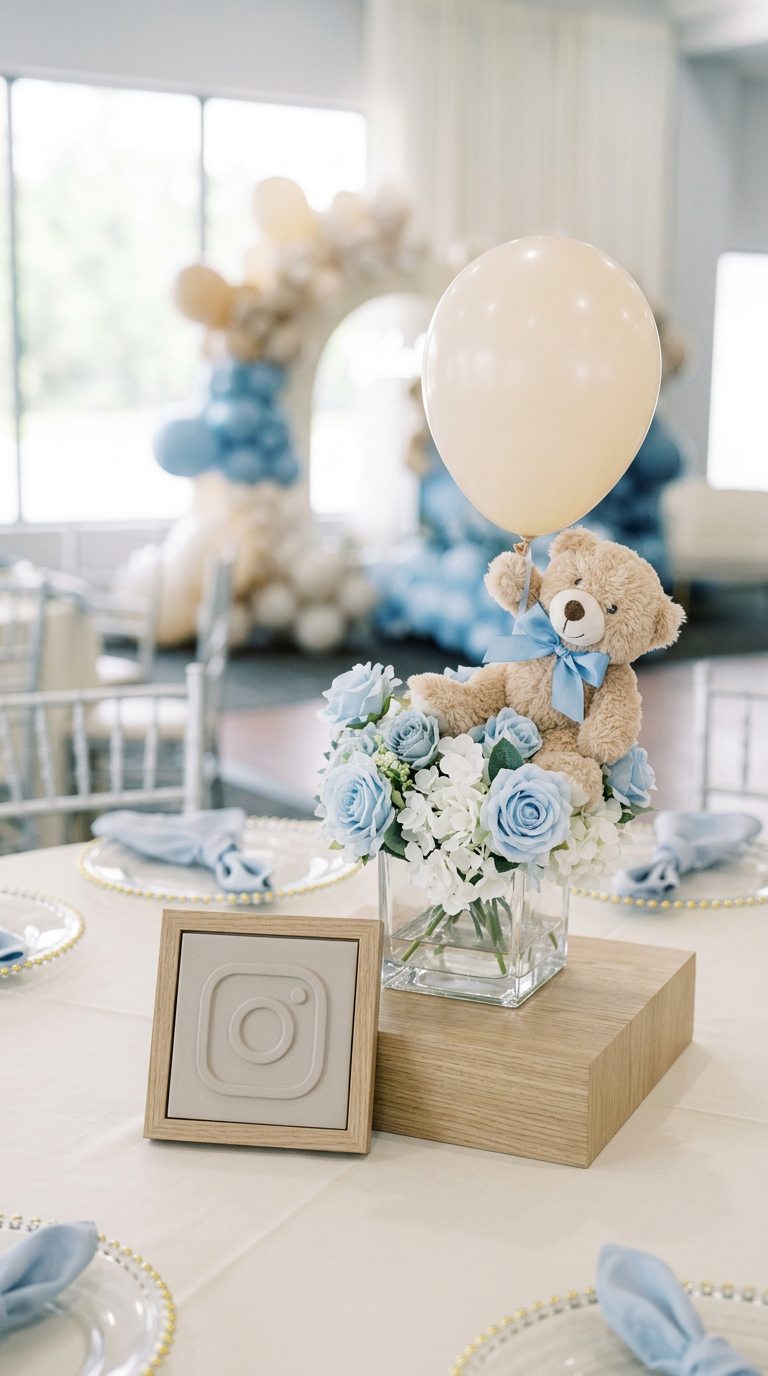 Baby shower table decoration with a teddy bear holding a balloon, surrounded by blue and white flowers, with a framed Instagram logo