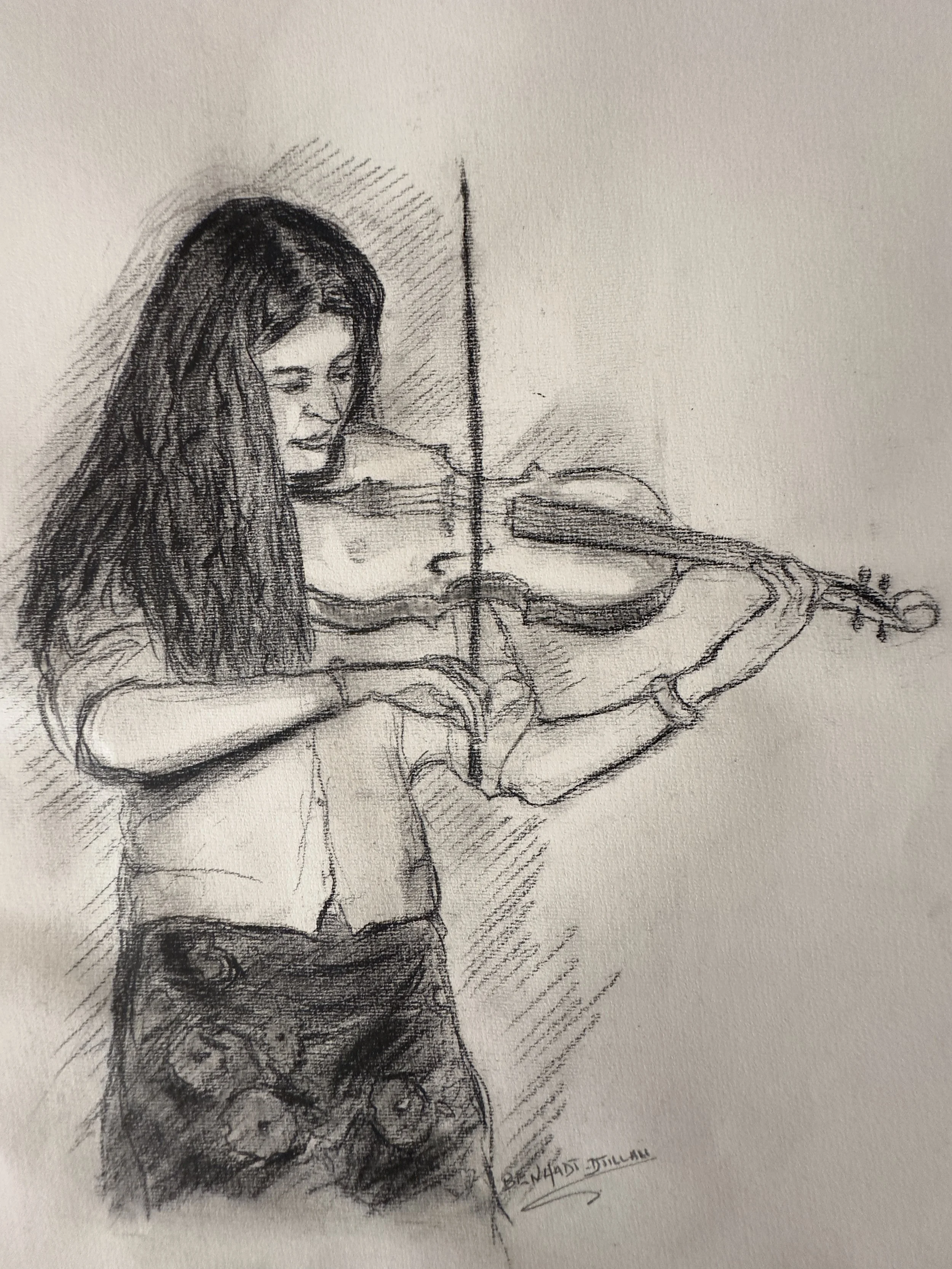 Sketch of a young girl with long hair playing a violin, signature at the bottom that reads 'B. Nadi J. Dillah'.