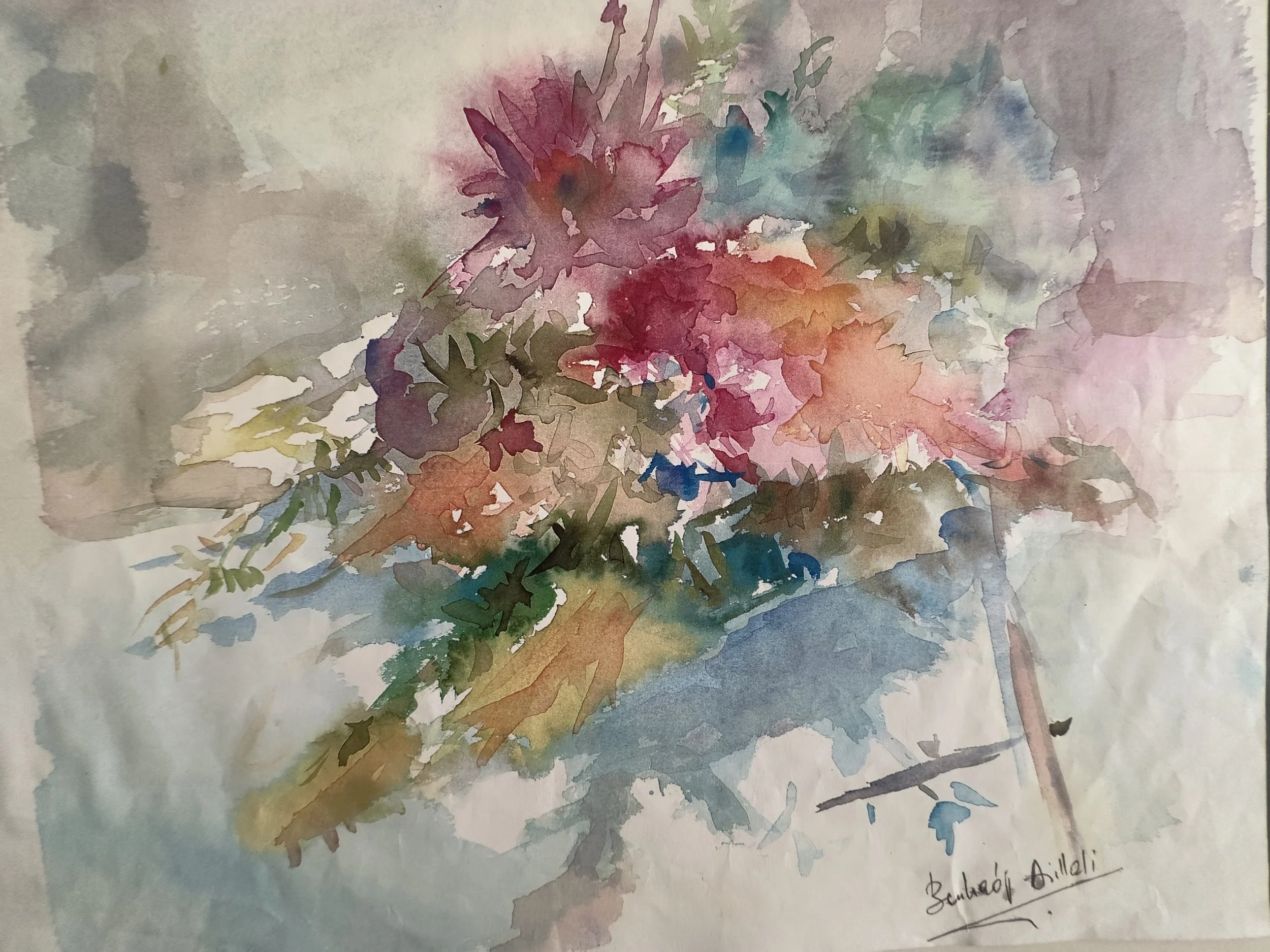 Watercolor painting of a flowering plant with pink, orange, blue, and green hues, signed by Schlèsig / Dinielli in the bottom right corner.