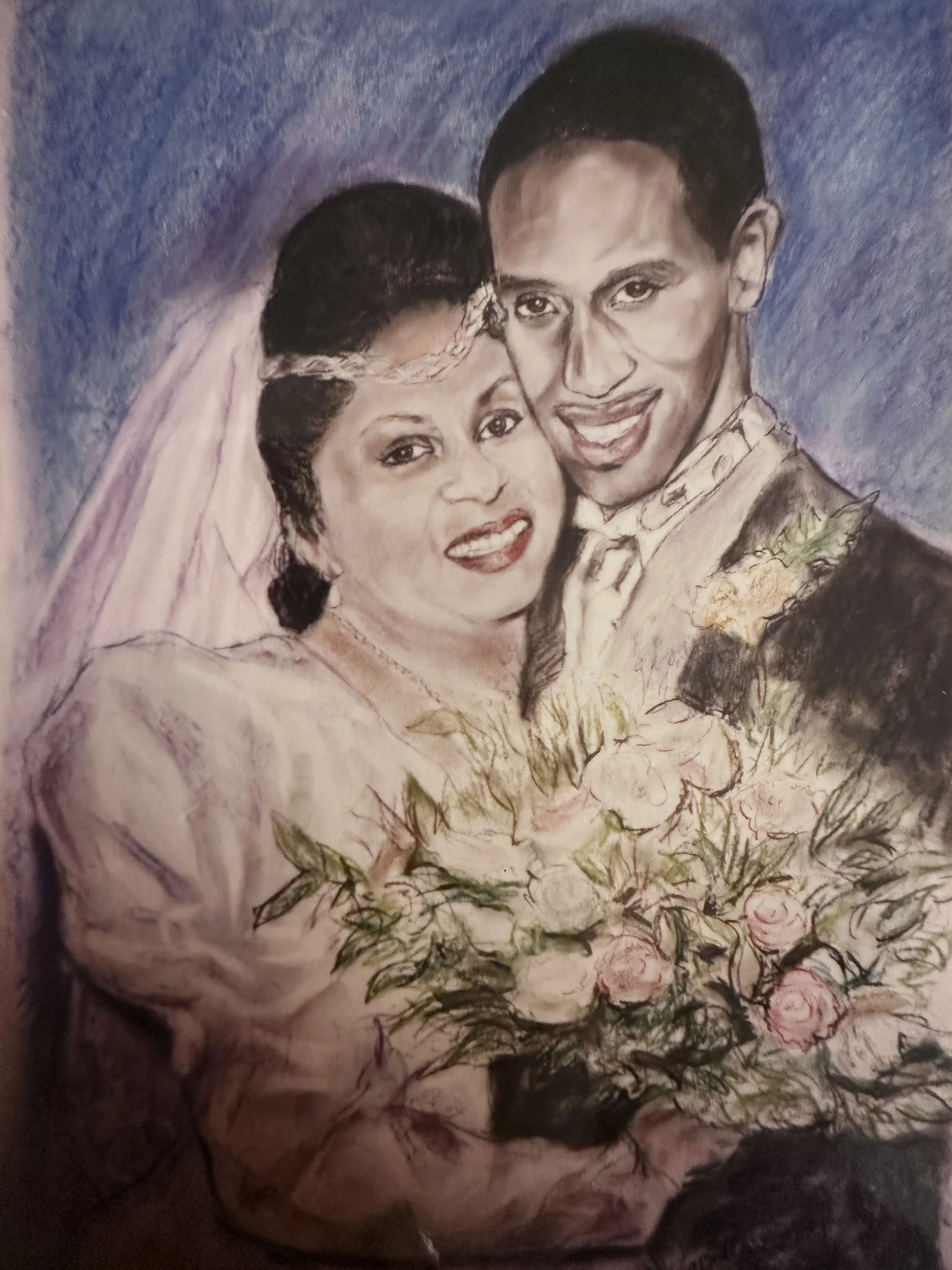 A colored pencil drawing of a smiling man in a formal suit and a smiling woman in a wedding dress, with a bouquet of flowers in front of them.