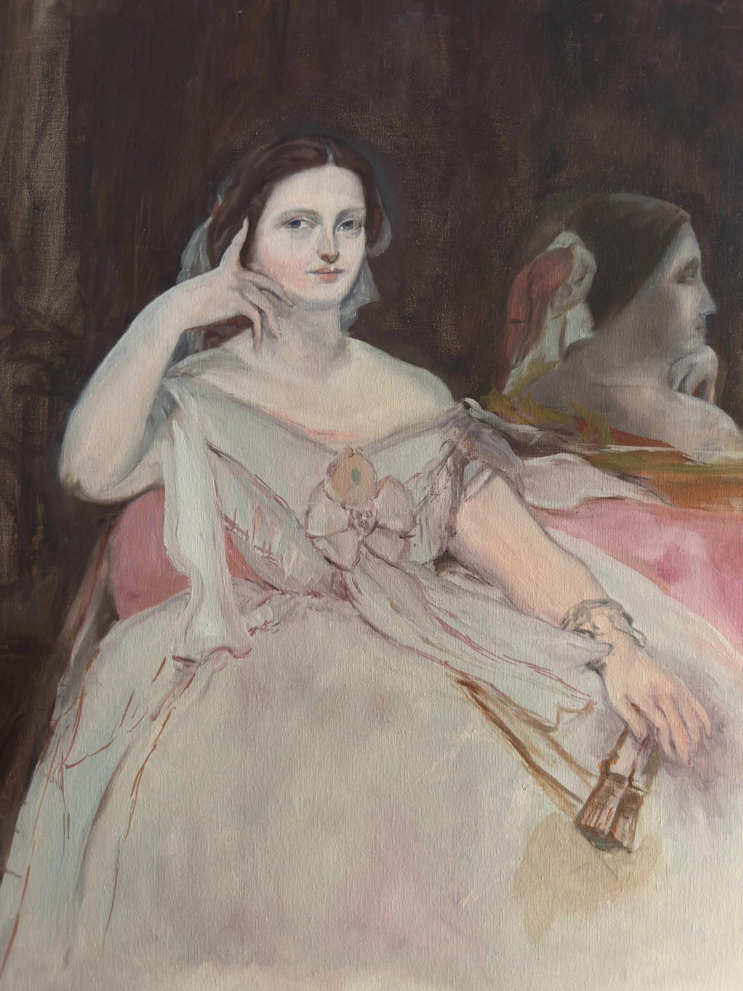 A painting of a woman with red hair, wearing a light pink dress with a bow on the front, sitting and resting her chin on her hand, with another woman in the background looking to the side.