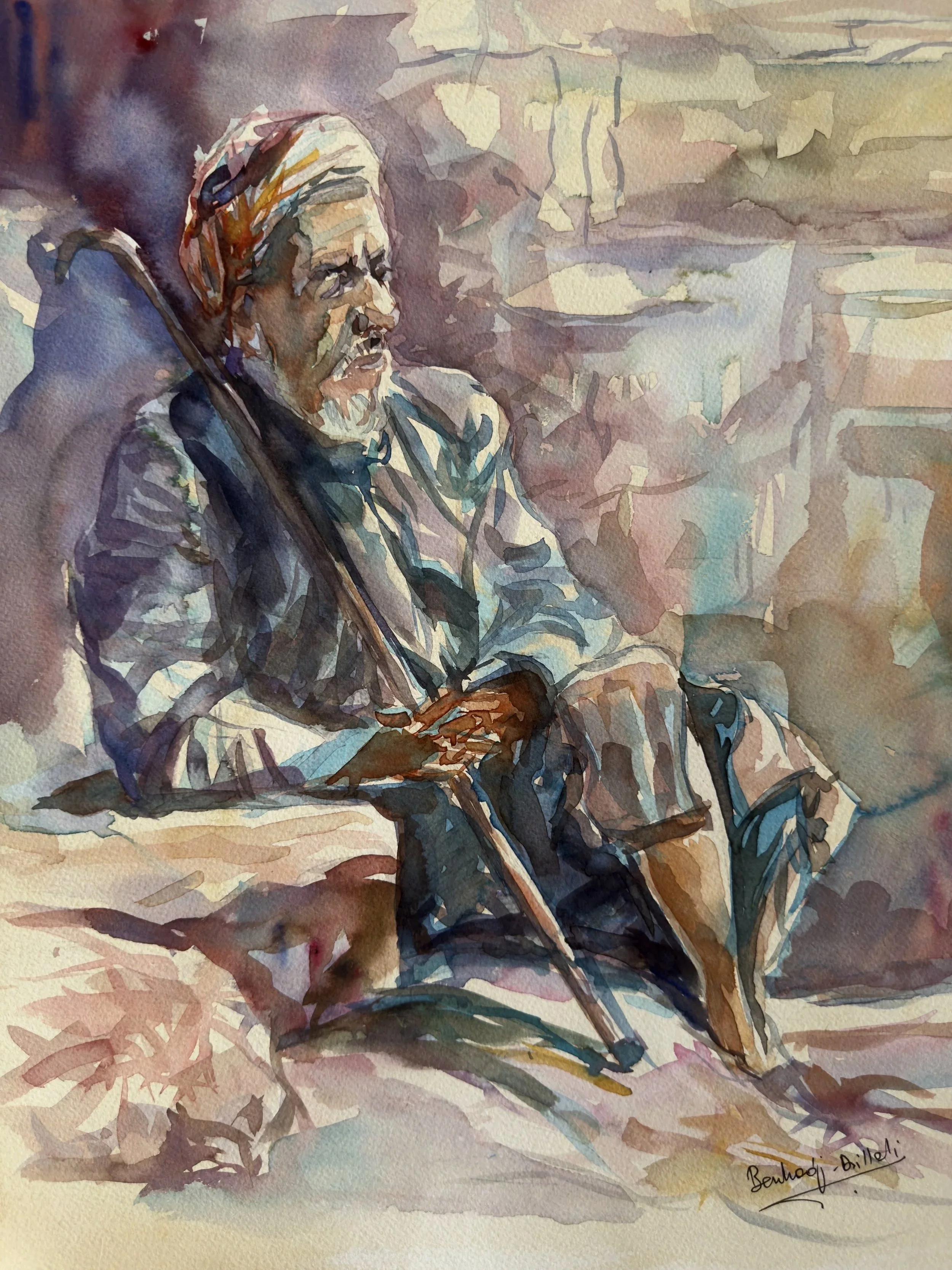 A watercolor painting of an elderly man with glasses, a white beard, and colorful hair, sitting and playing a string instrument, with a soft background and a signature in the bottom right corner.