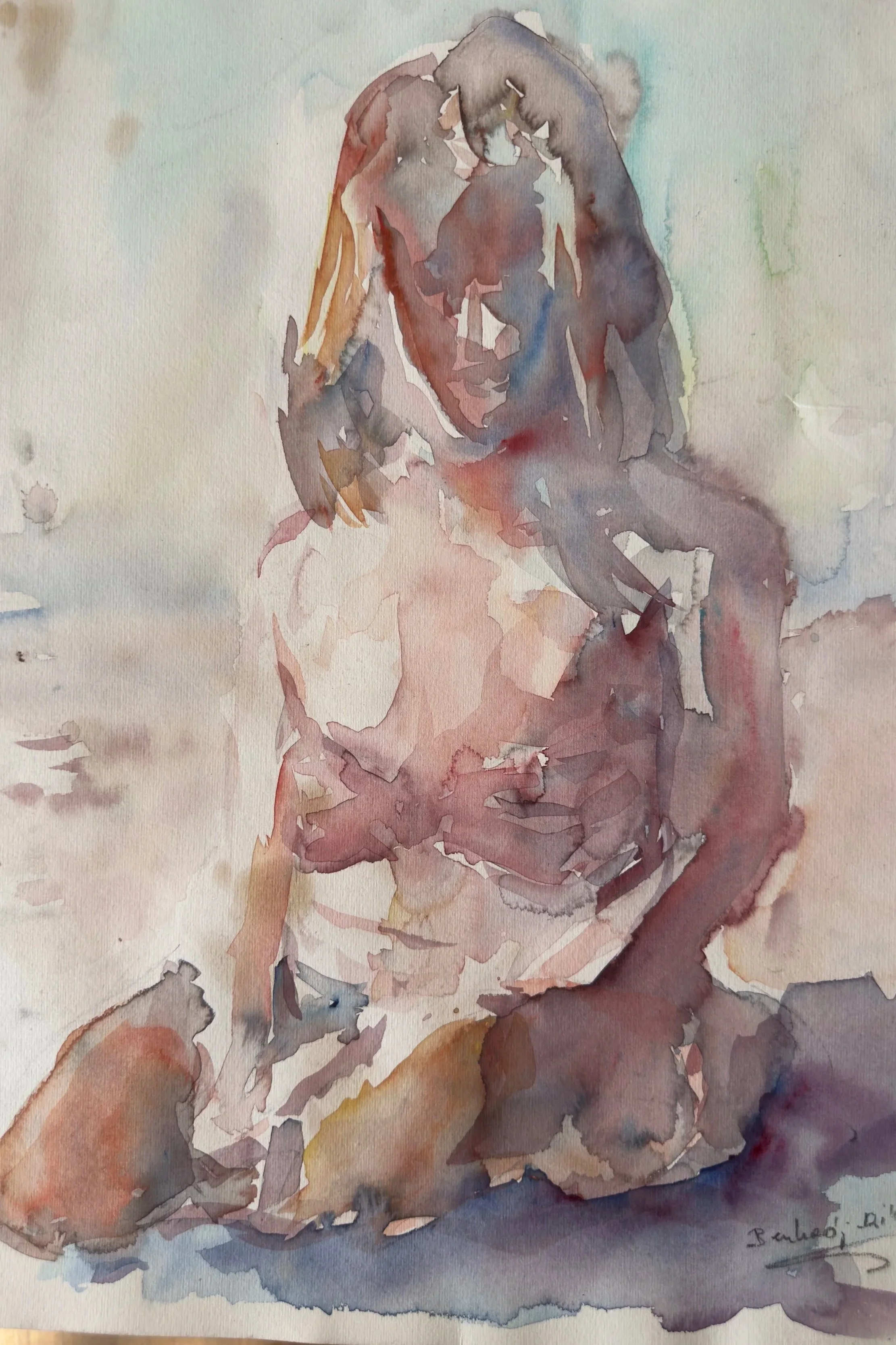 Watercolor painting of a woman sitting on the ground with one hand on her knee, her head bowed and hair falling over her face, with soft pastel colors and fluid brush strokes.
