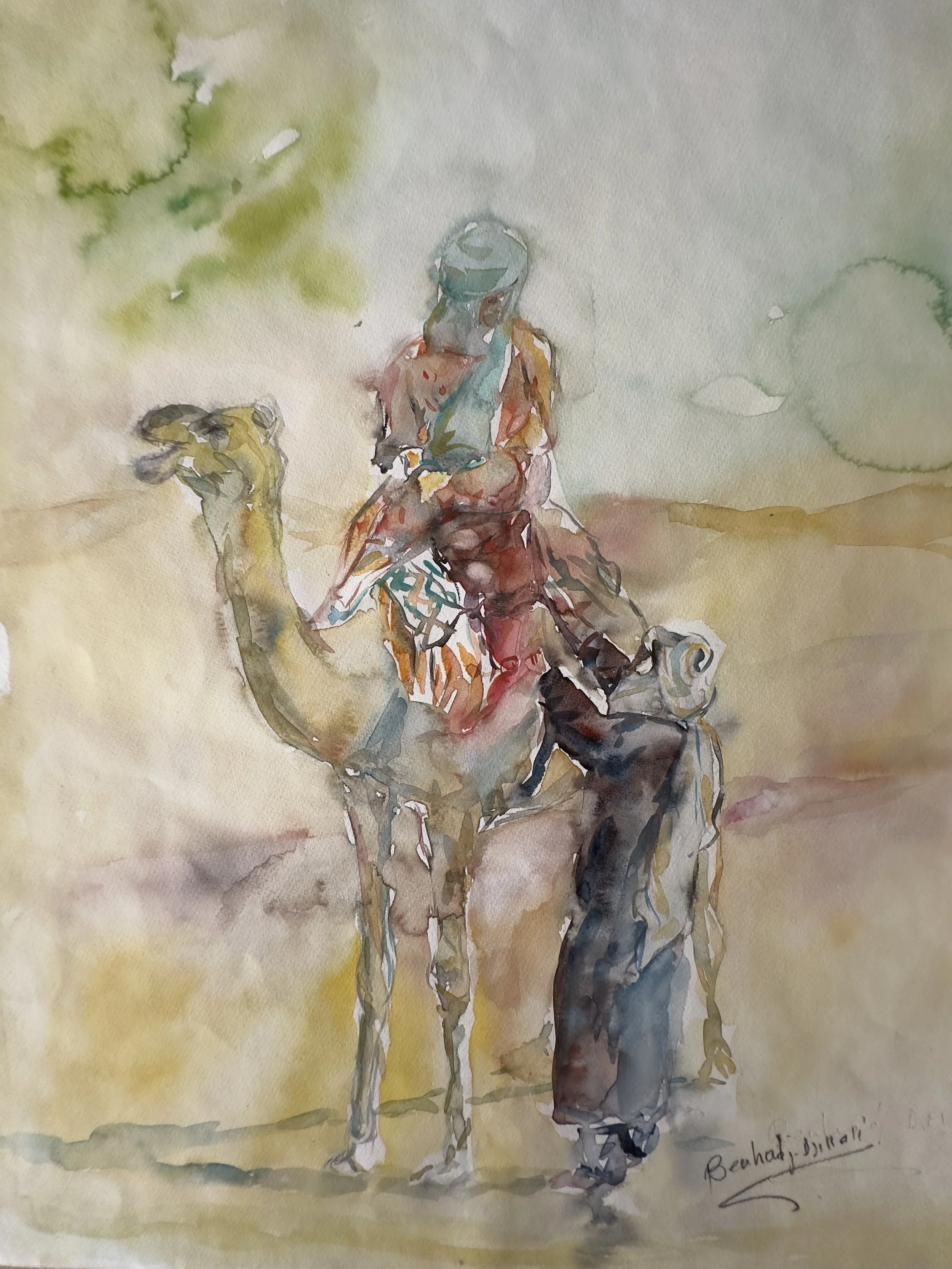 Watercolor painting of a person riding a camel, with another camel in front. The background has green and yellow hues, suggesting an outdoor desert scene.