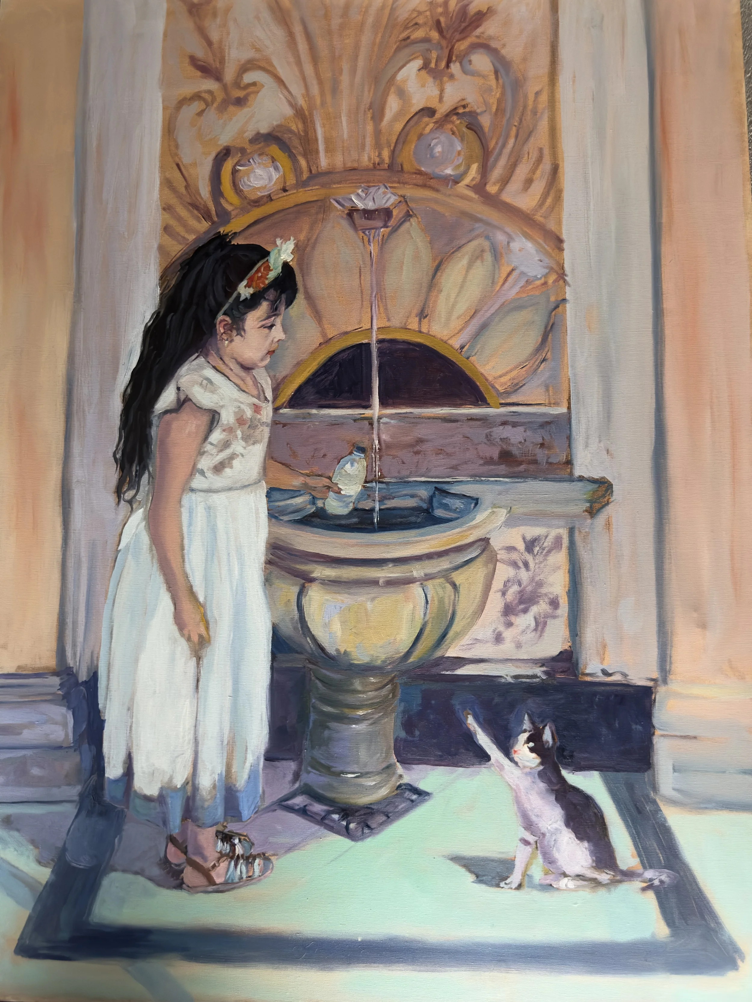 A woman with long black hair wearing a white dress and floral headband, holding a water bottle, stands beside a black and white cat, in front of a large, ornate golden mirror with floral designs.