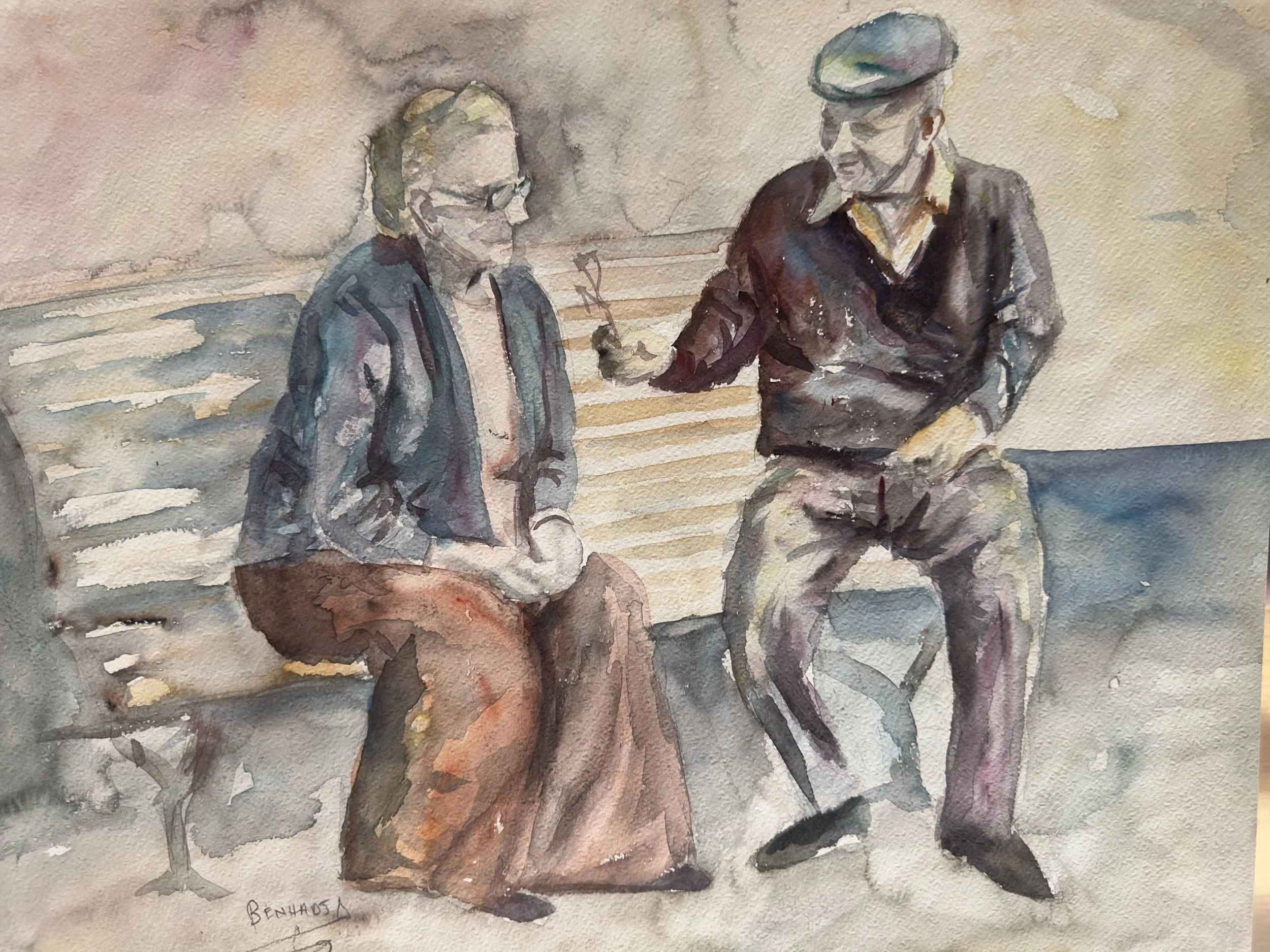A watercolor painting of two men in conversation. One man is seated, wearing glasses and a gray jacket, while the other stands, wearing a cap and a dark jacket. The background is abstract with soft colors.