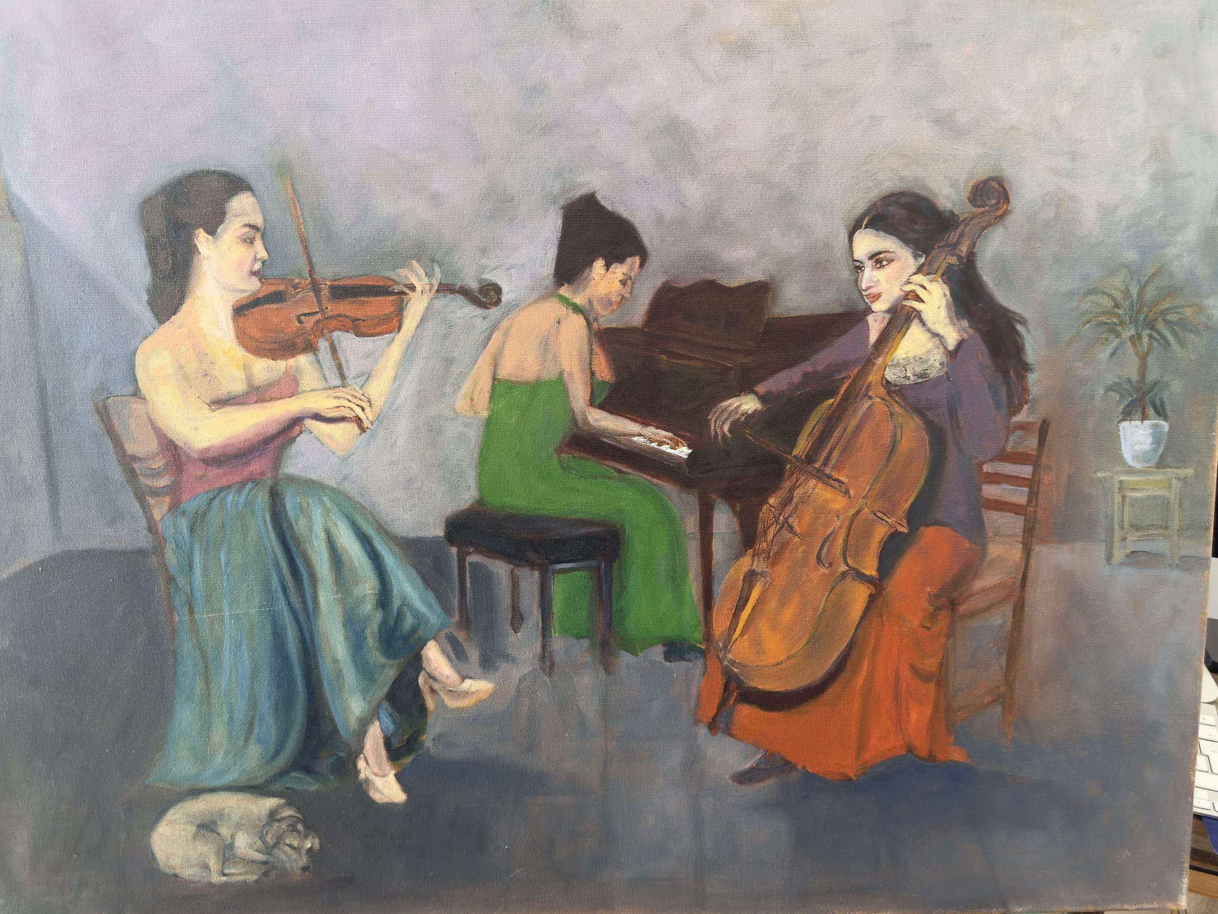 A painting of three women performing classical music: a woman playing the violin, a woman playing the piano, and a woman playing the upright bass, with a potted plant in the background.