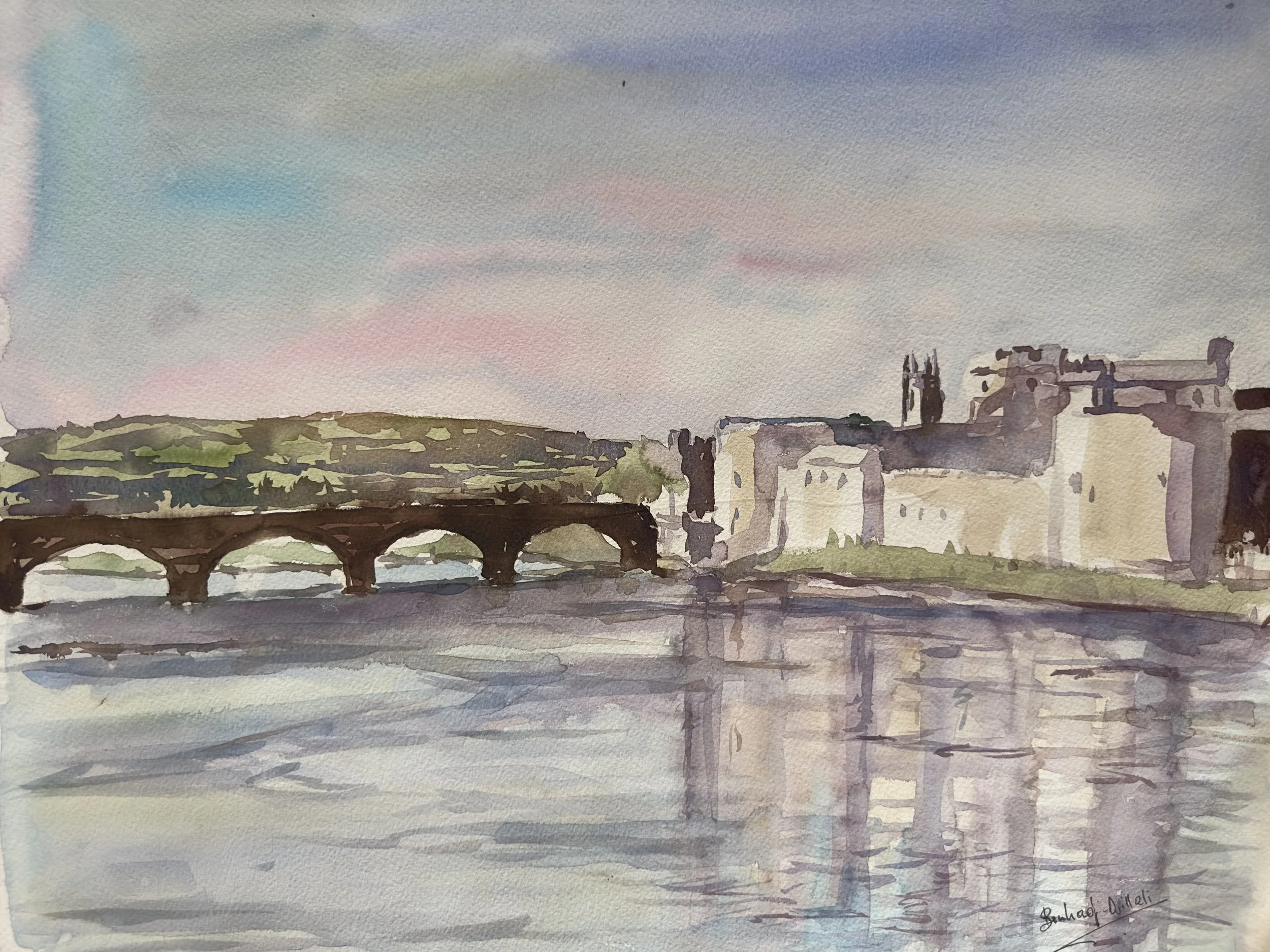 A watercolor painting of a cityscape with a bridge over a river, historic buildings, and a pastel-colored sky.