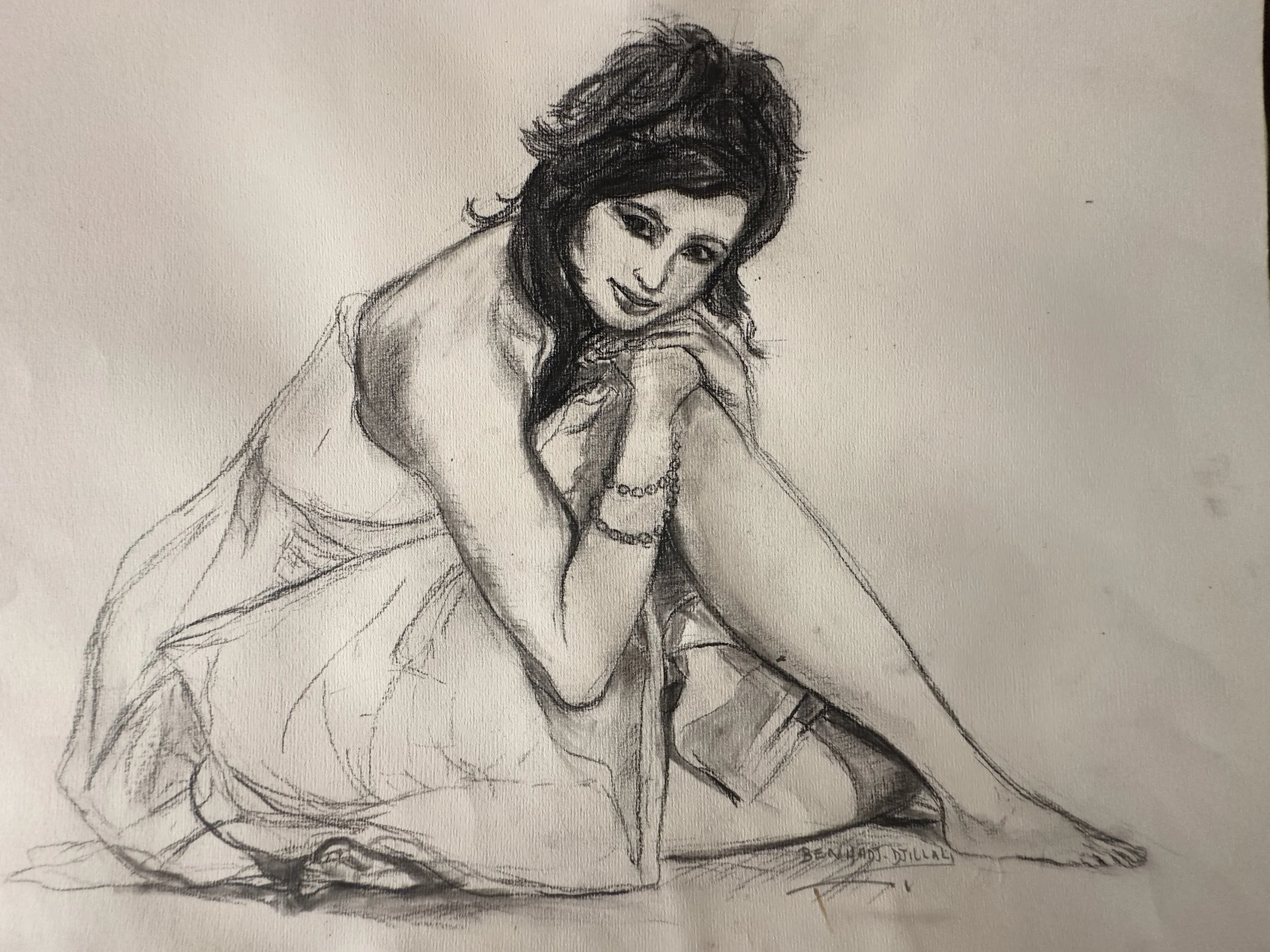 Sketch of a woman with short dark hair, wearing a necklace, sitting with her arms resting on her knees, and looking at the viewer. The artist's signature 'Bernard Dilley' is in the bottom right corner.