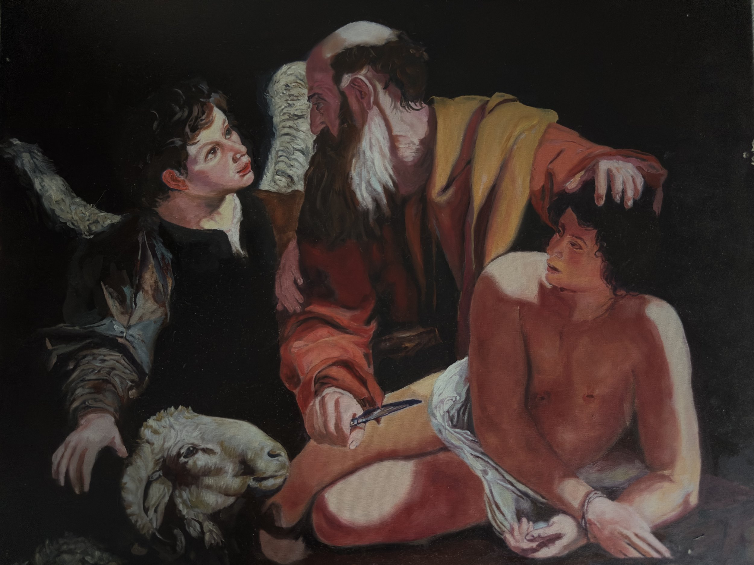 A painting depicting four people closely gathered, with one woman and a dog in the foreground. The people are dressed in historical clothing, suggesting a scene from the past.