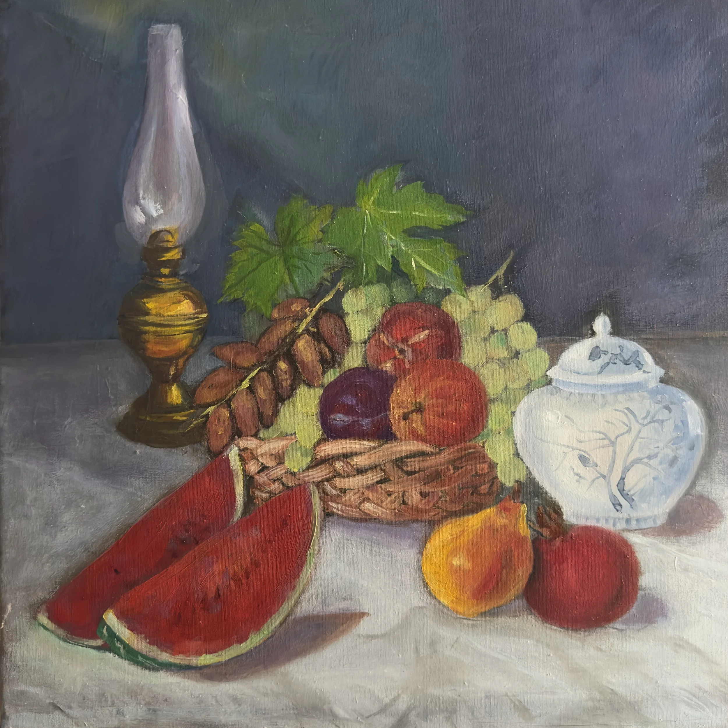 A still life painting depicting a lightbulb, a basket of grapes and apples, a bunch of red grapes, and a white candle, all set against a dark background.