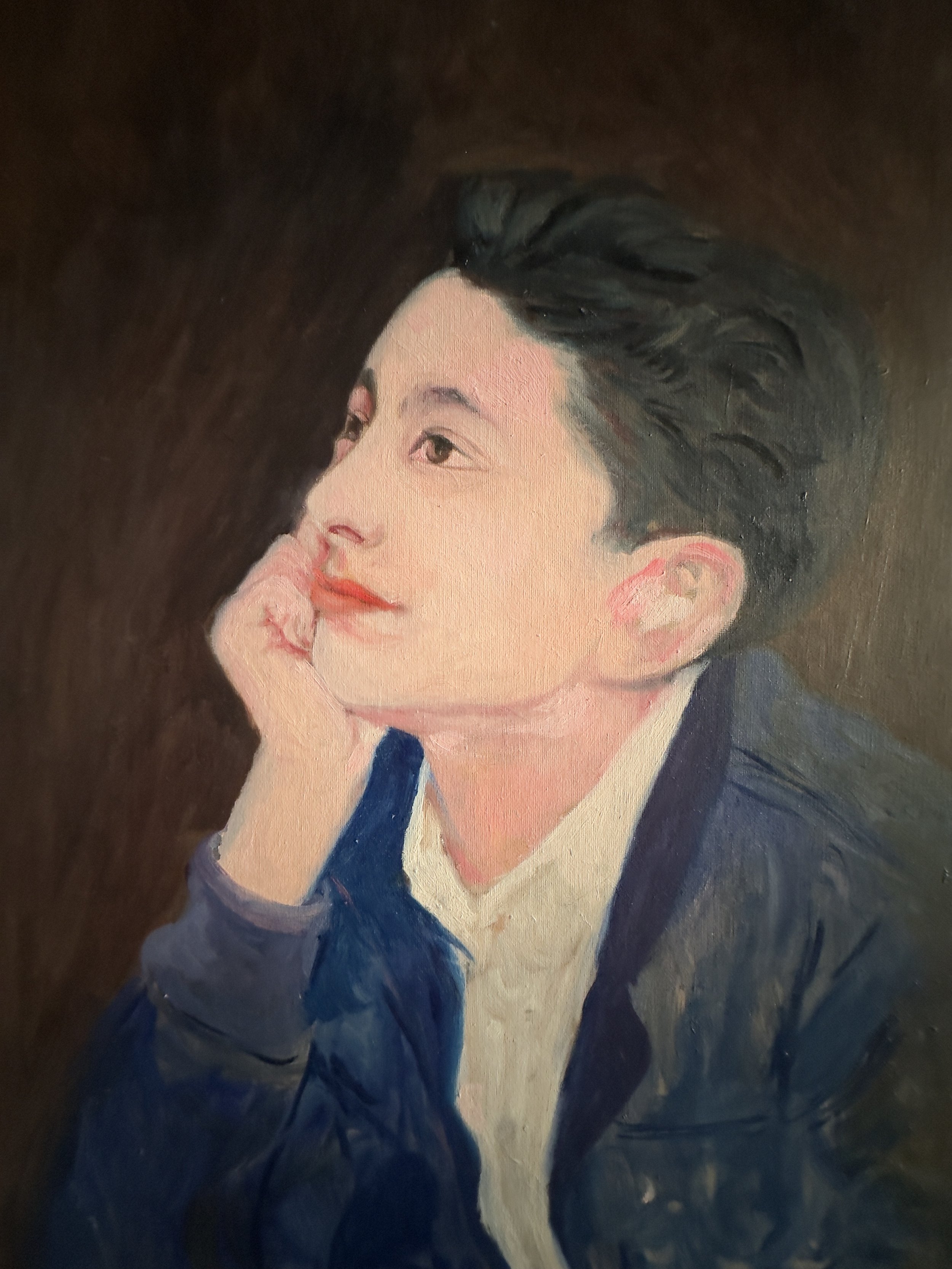 A painting of a woman with short dark hair, wearing a dark blazer over a white shirt, with her hand resting on her chin, gazing thoughtfully to the side.