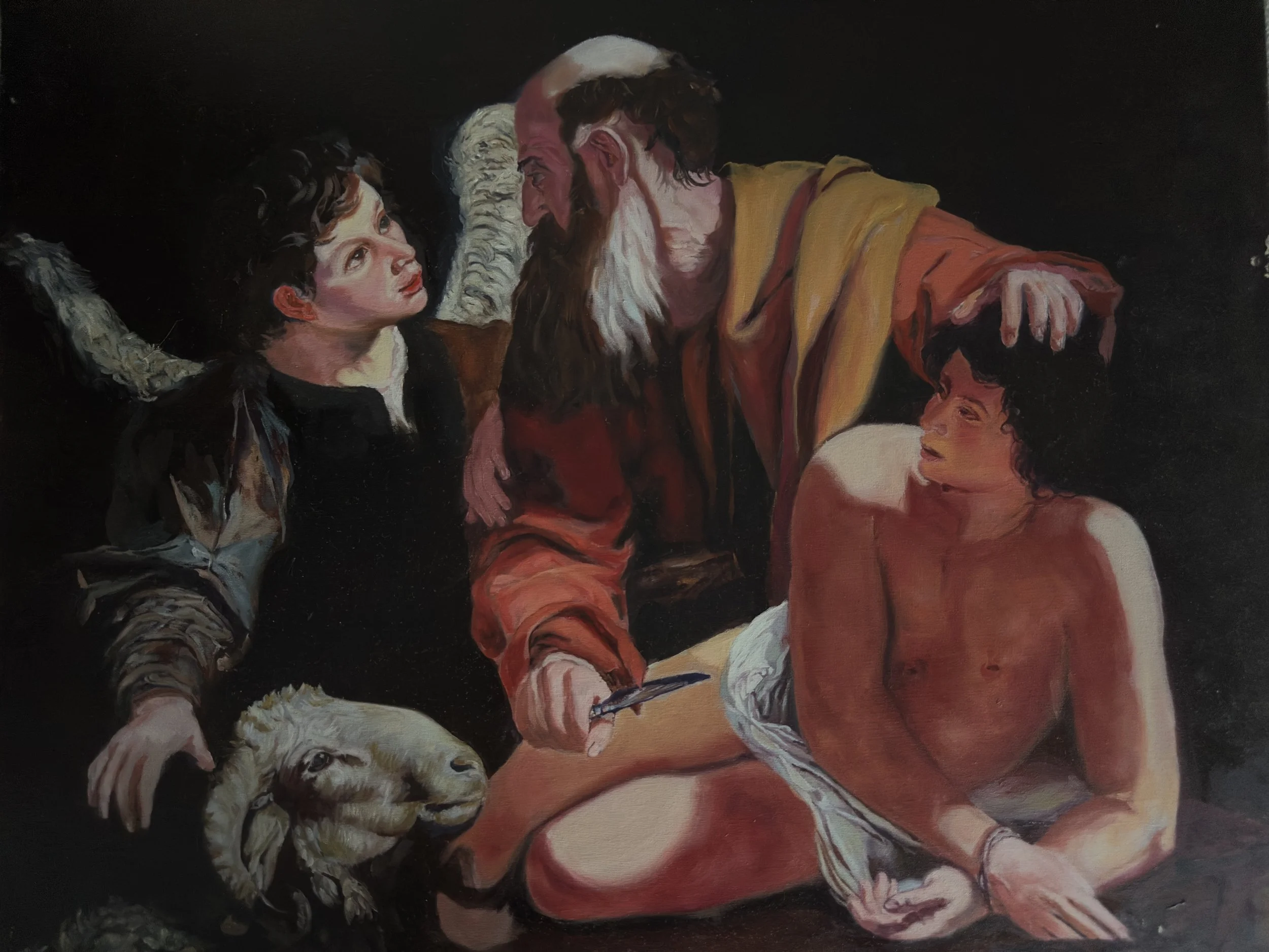 Religious painting of Jesus Christ with two children, one boy and one girl, against a dark background.