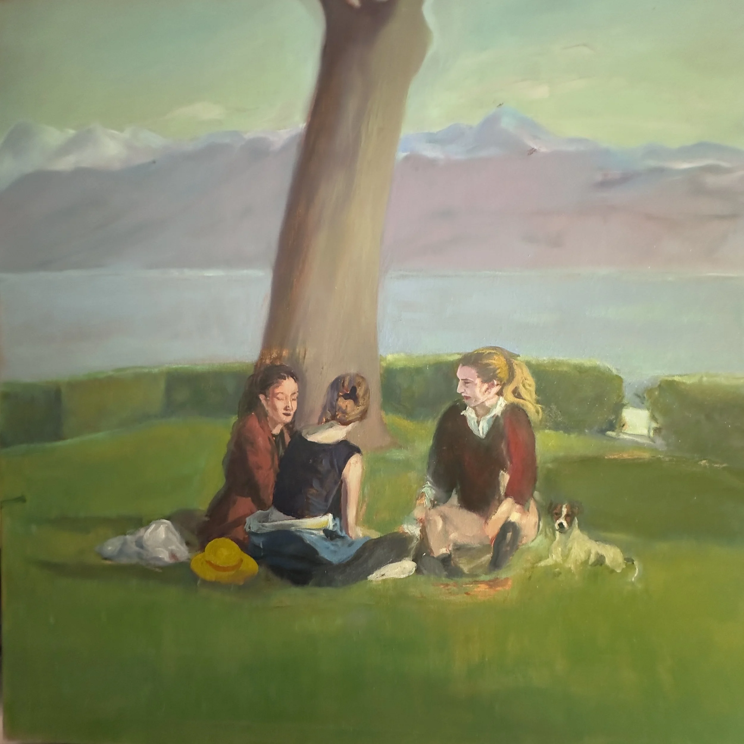 A group of women sitting on grass around a large tree, with a mountain in the background, during daytime.