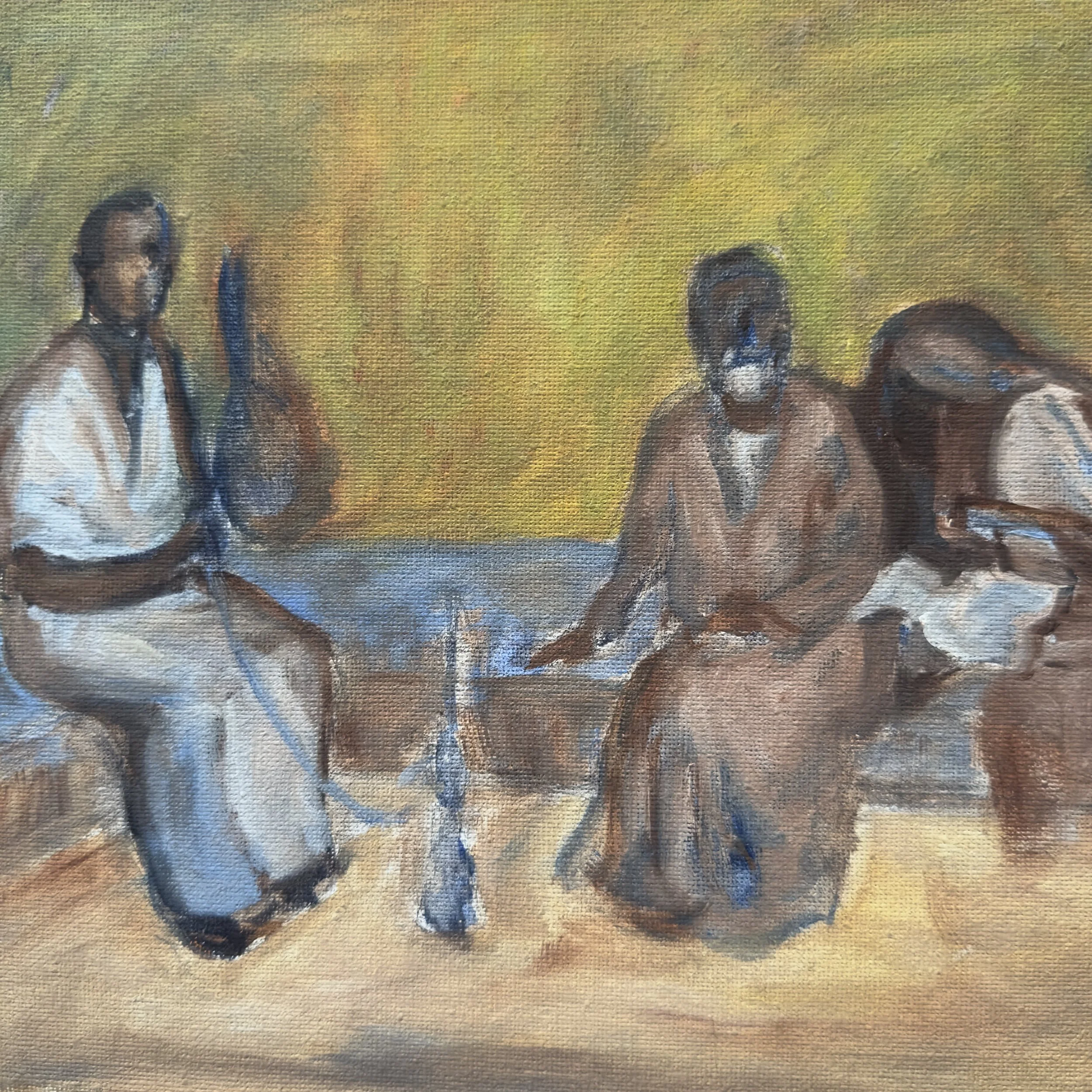 Close-up of a painting depicting a man with a beard and mustache, wearing a turban, holding a stick, with a woman with long hair sitting nearby, both set against a colorful background.