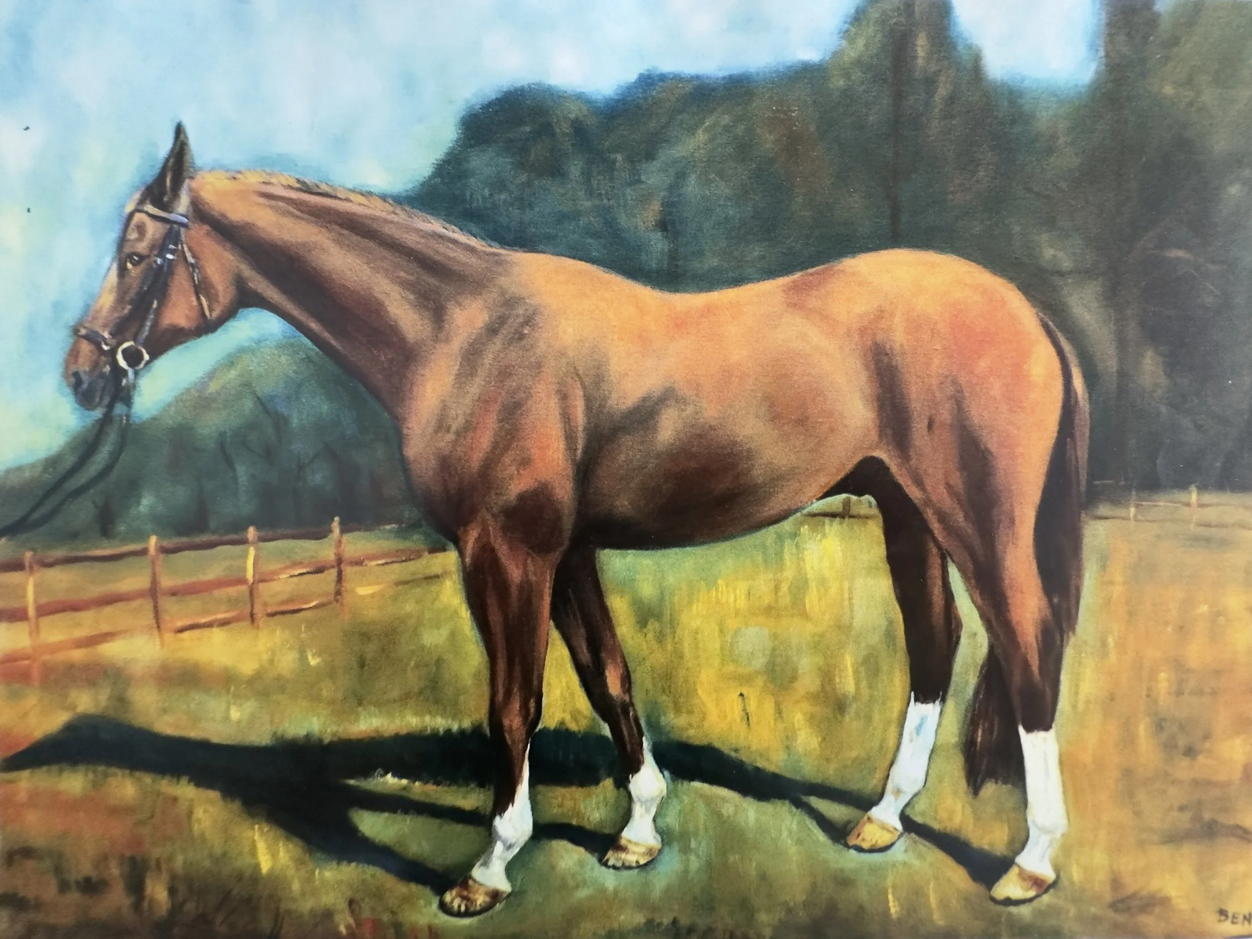 A painting of a brown horse standing on green grass with a wooden fence and trees in the background.