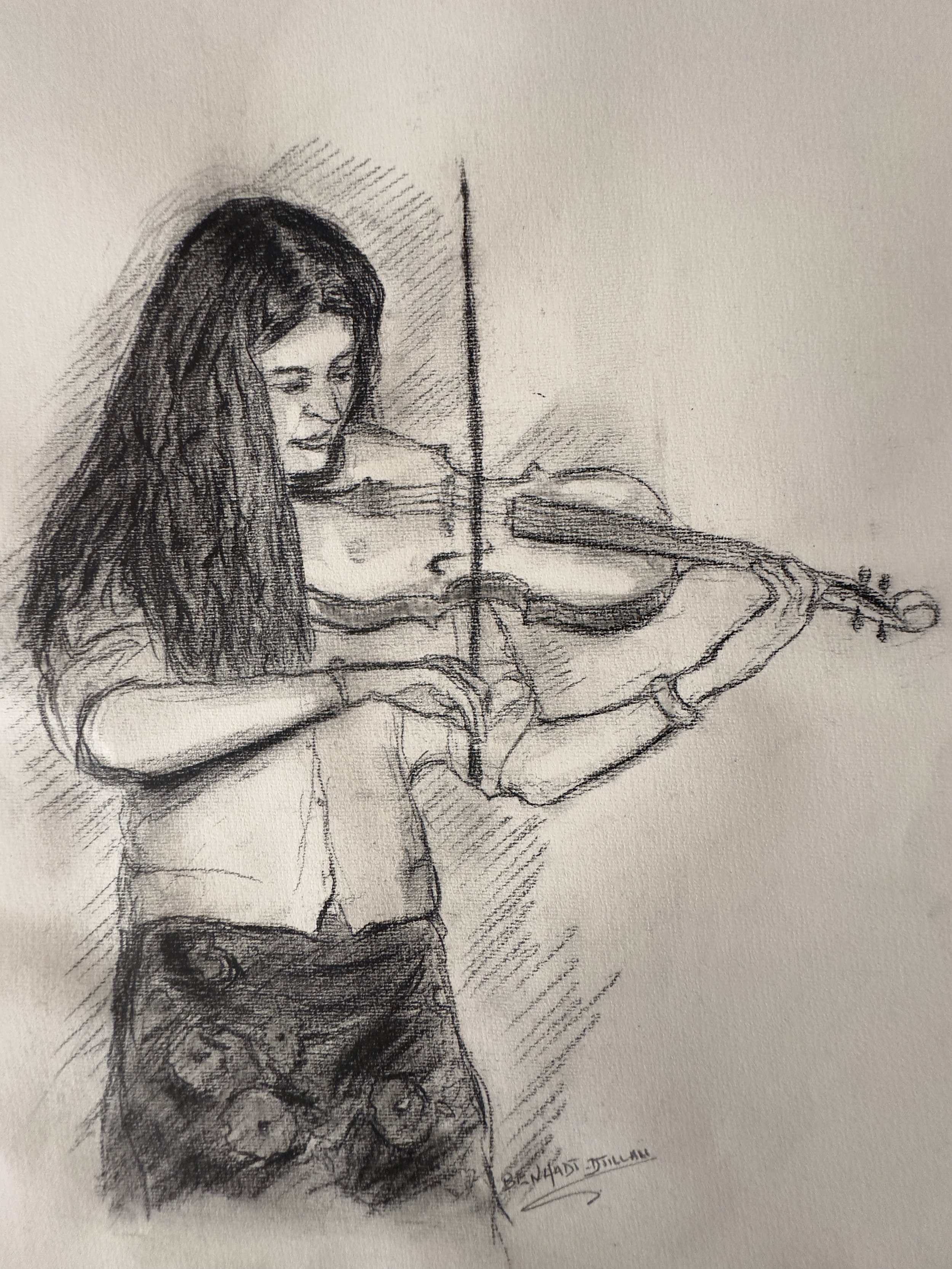 A pencil sketch of a woman playing the violin, with the artist's signature 'BEHNADI JILLAN' at the bottom.