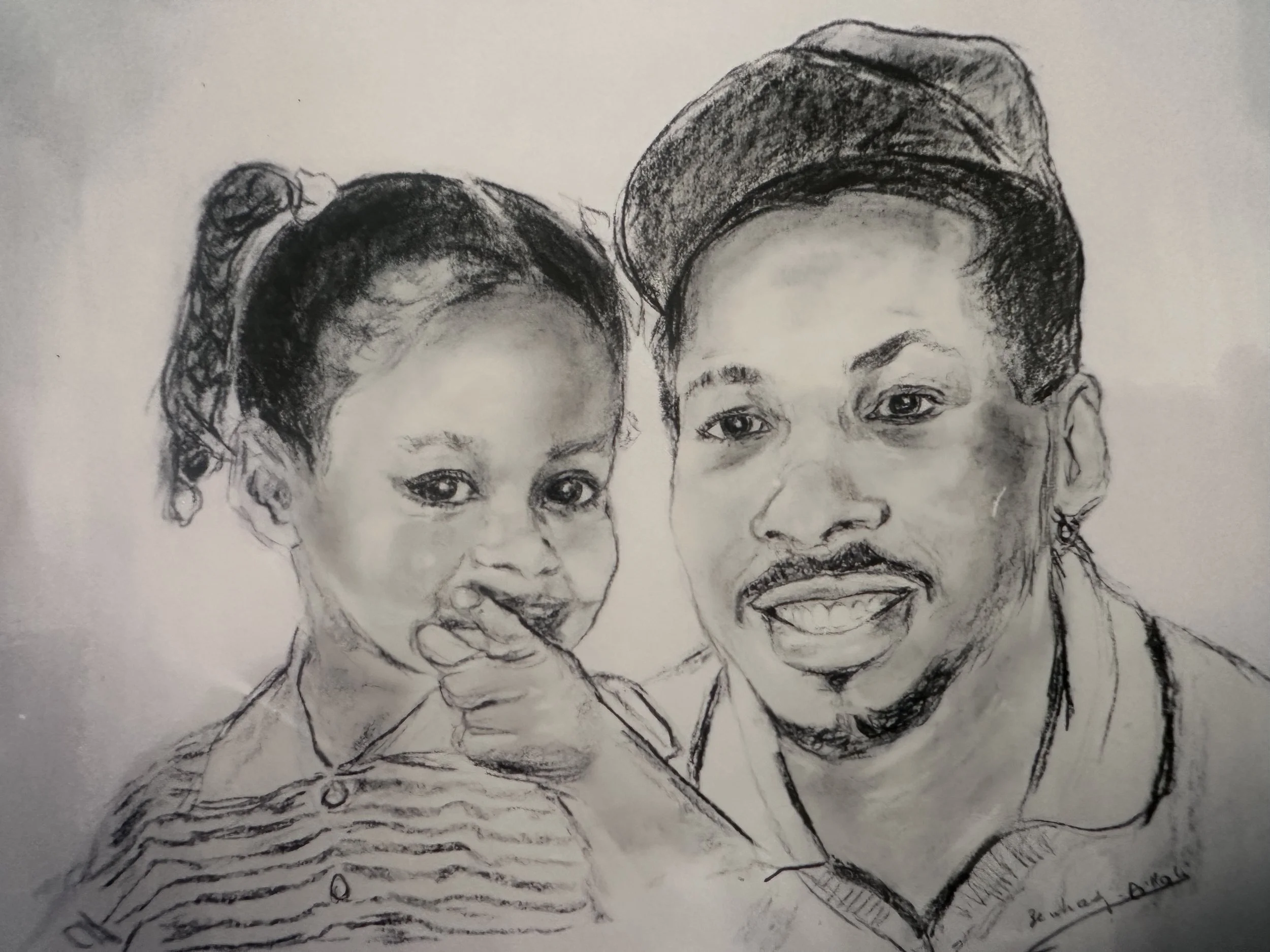 A black and white sketch of a woman and a young girl. The woman has short hair with a cap, and the girl has a bun hairstyle. The woman is wearing a striped shirt.