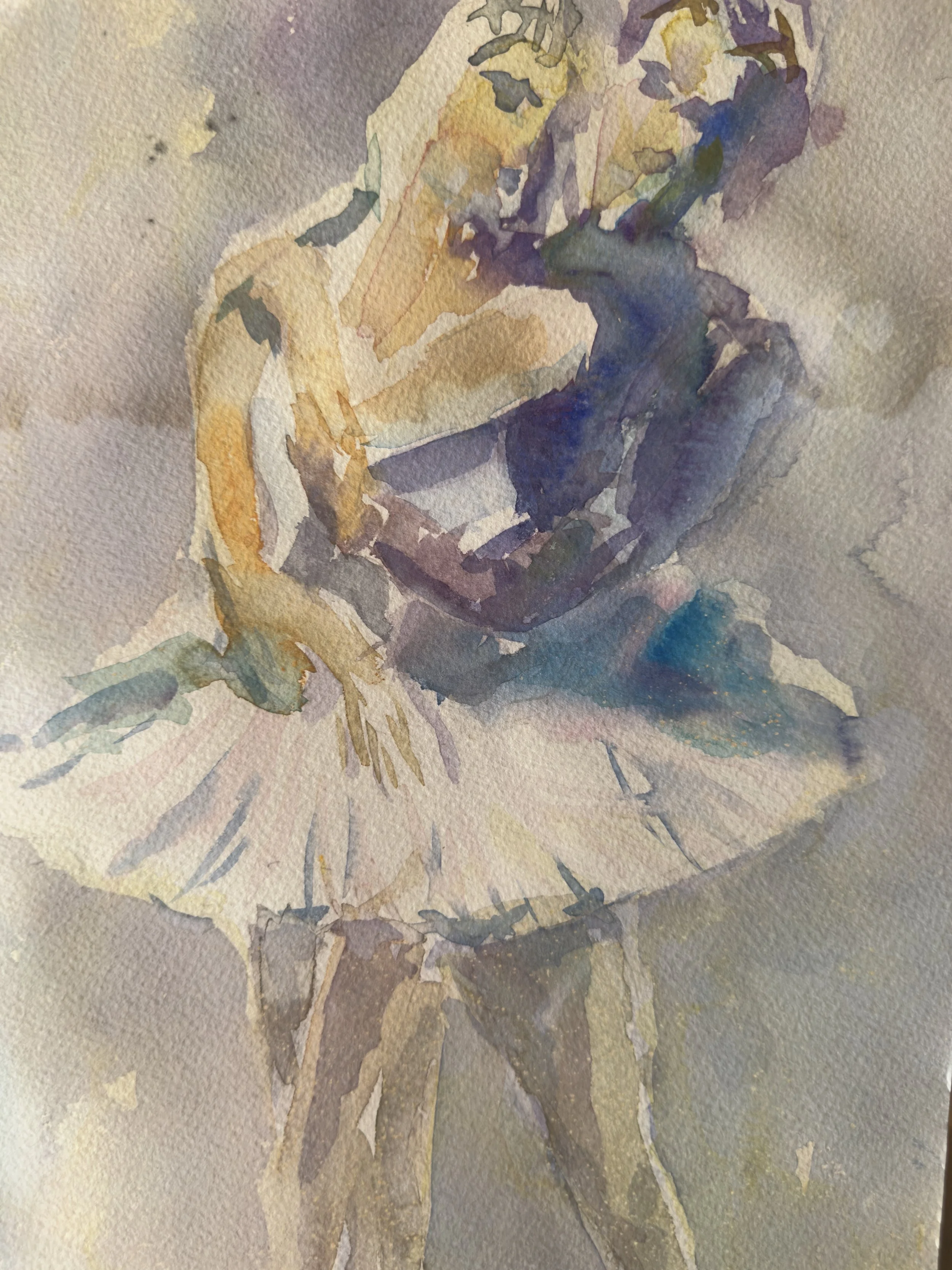 A watercolor painting of a person with long hair, sitting and resting on their knees, with facial features not clearly defined.