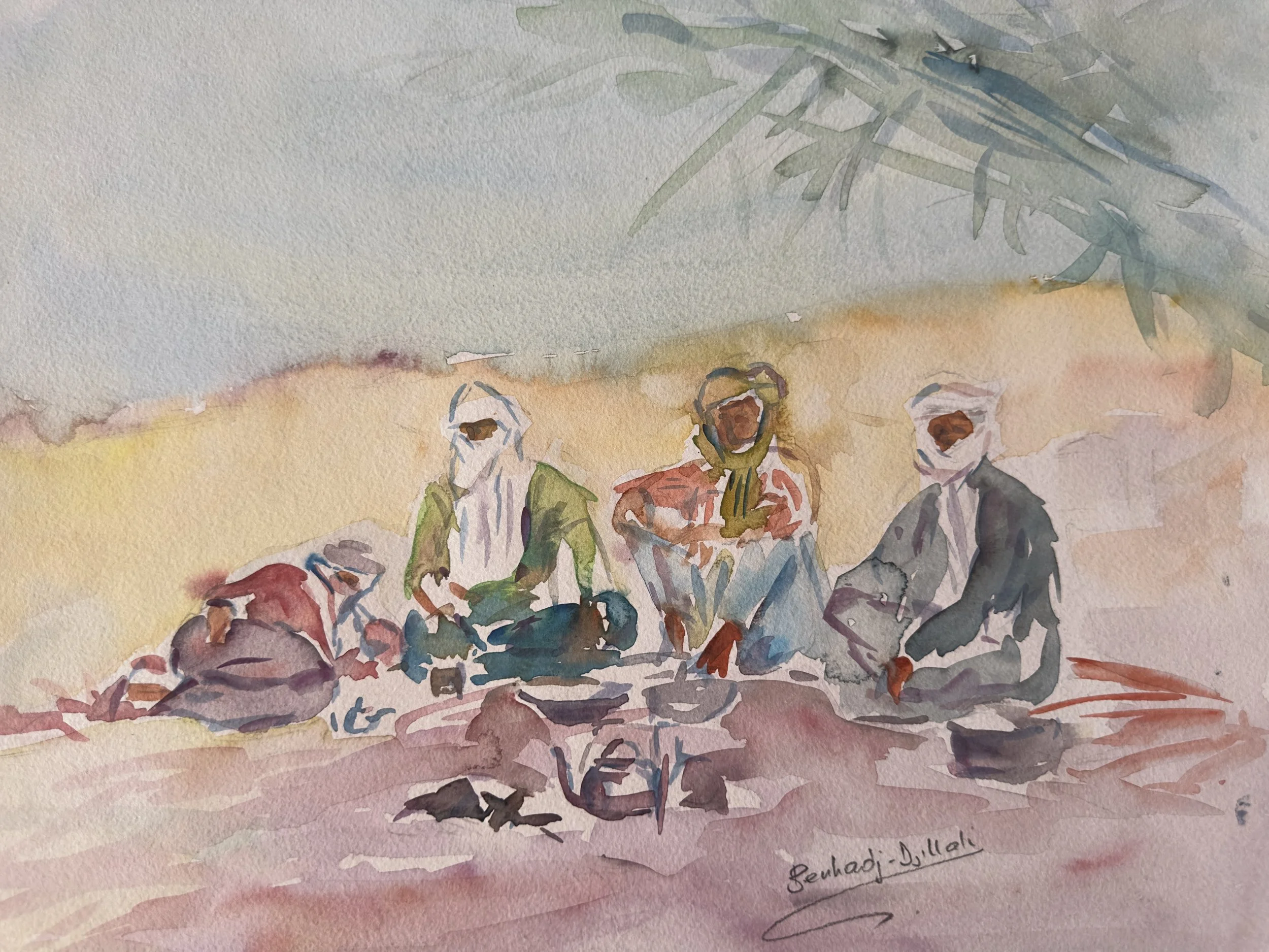 A watercolor painting depicting a group of people sitting outdoors, with a tree branch overhead and a landscape in the background. The scene is painted in soft, pastel colors.