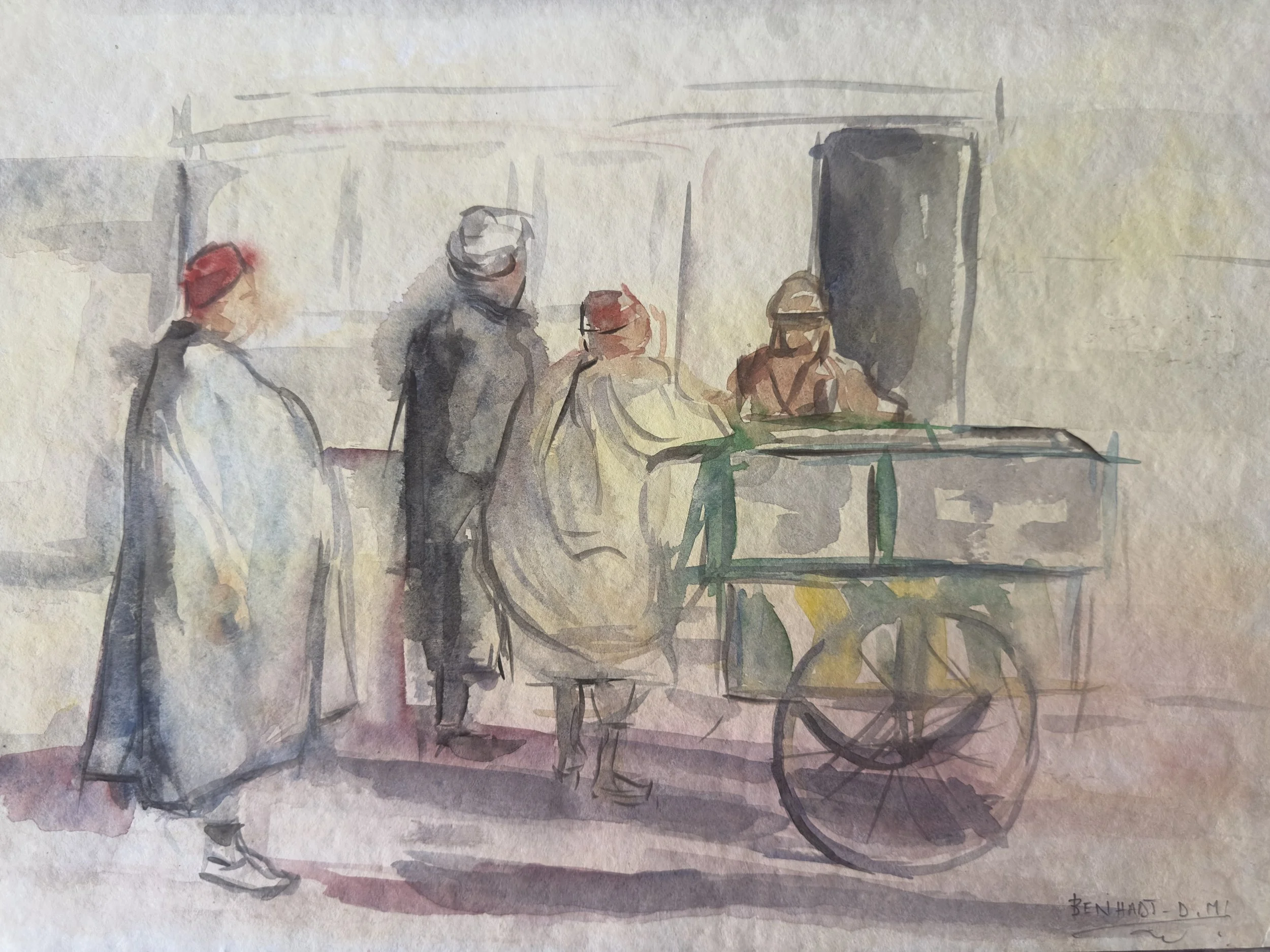 Watercolor painting of three women waiting at a bus stop, with one woman holding a bag and wearing a hat, in an urban setting.