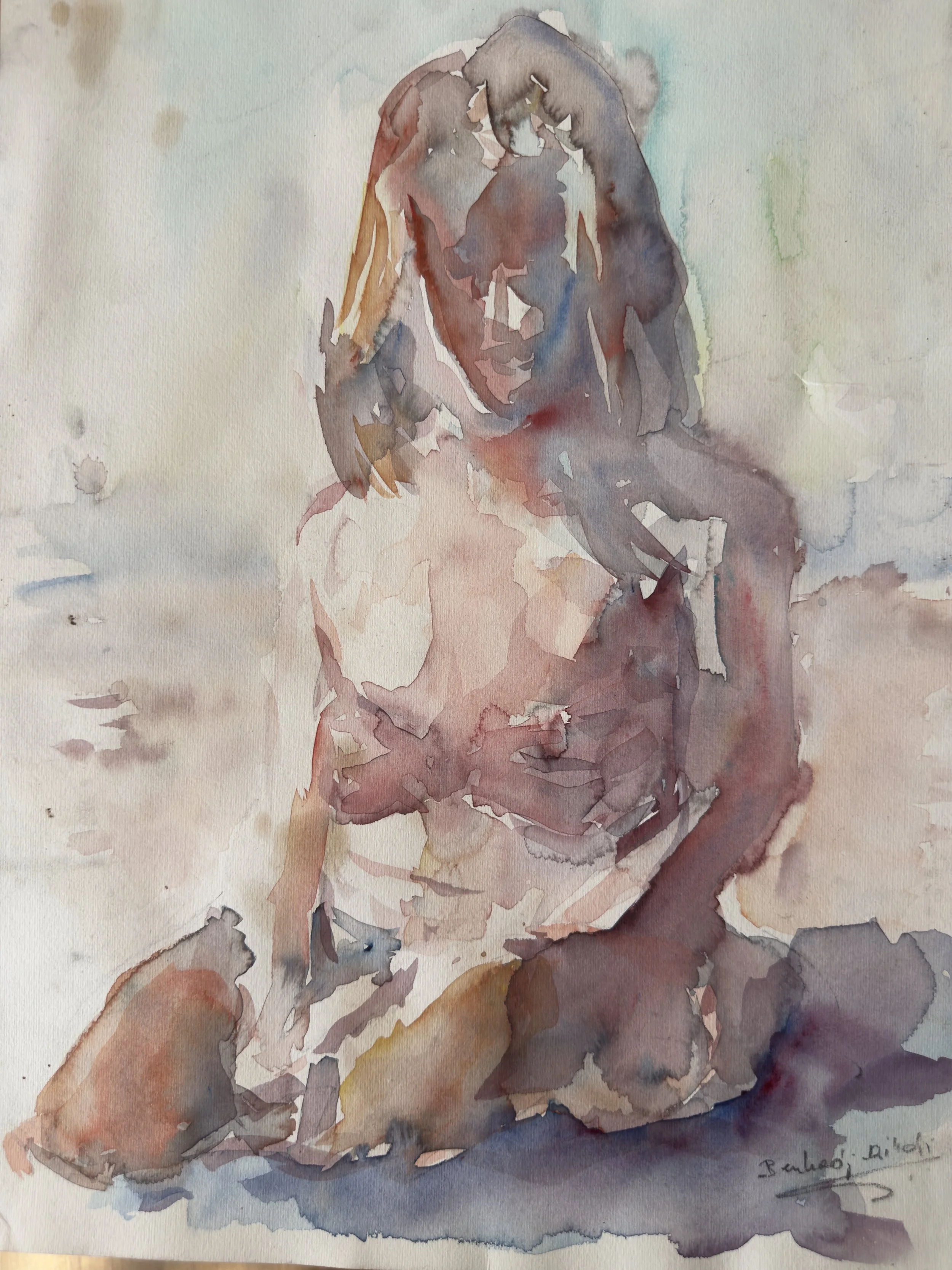 Watercolor painting of a woman sitting with her legs crossed and hand resting on her knee, looking down, with soft pastel colors and flowing brushstrokes.