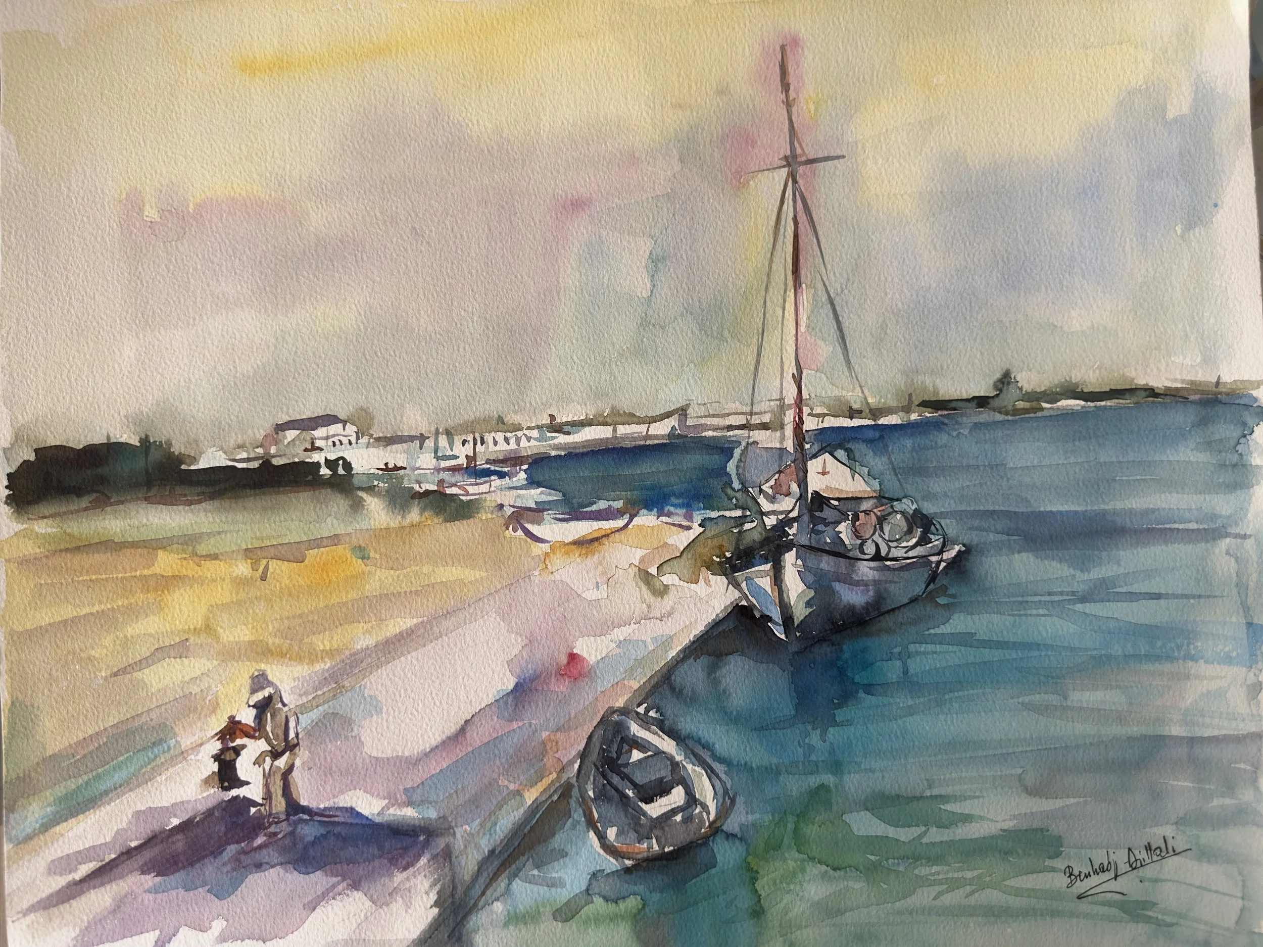 Watercolor painting of a harbor scene with boats, a pier, a sky with pastel shades, and people walking along the shore.