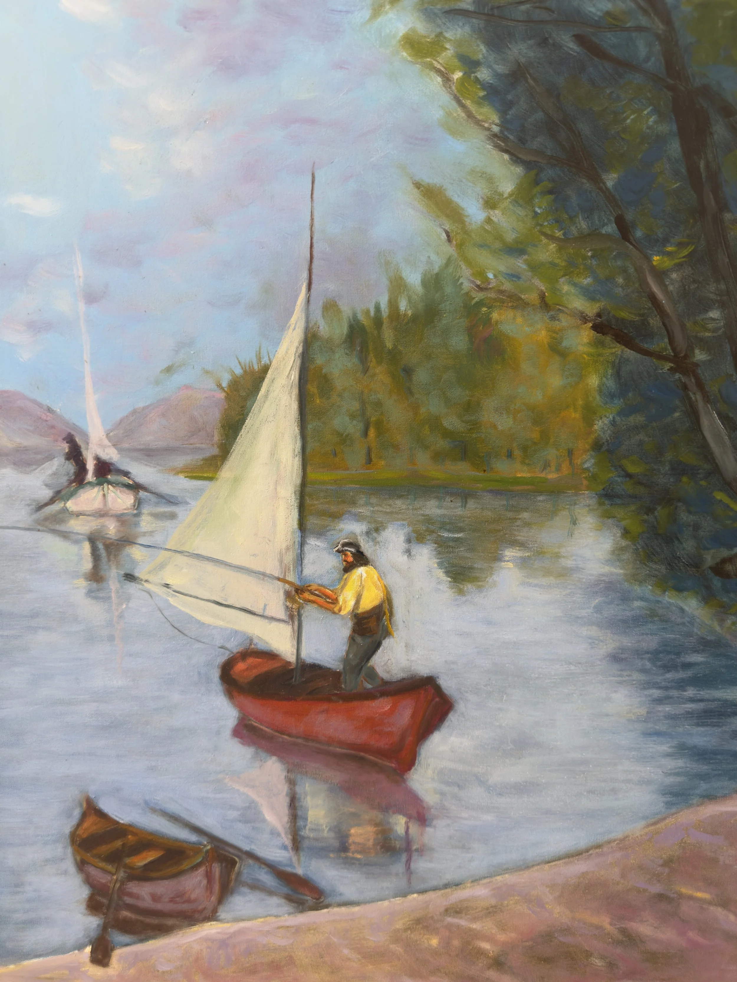 A painting of a man in a yellow shirt relaxing in a small red boat on a lake with a sailboat and trees in the background.