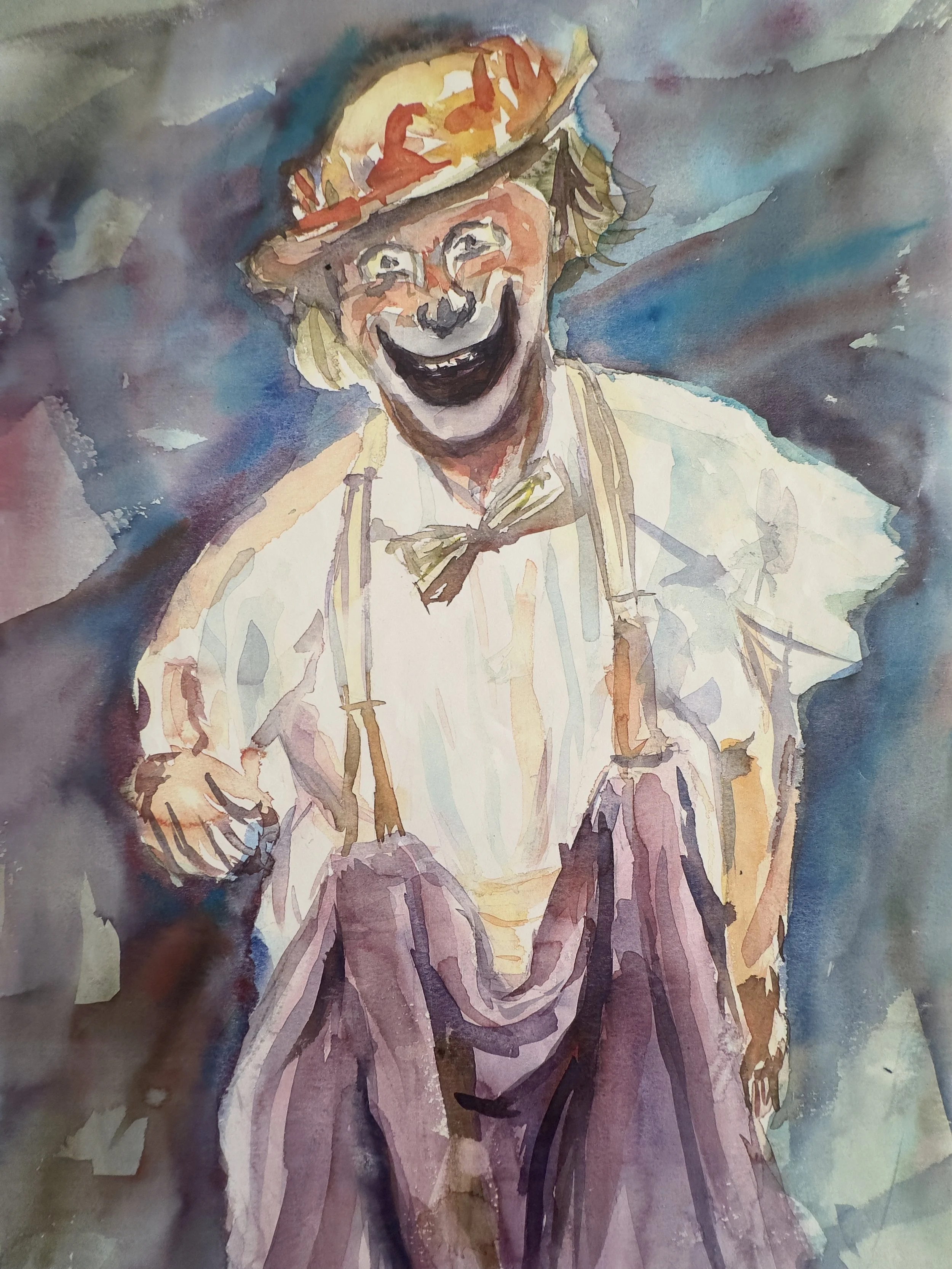 A watercolor painting of a smiling man wearing a straw hat, a white shirt, and suspenders, with a dark background.