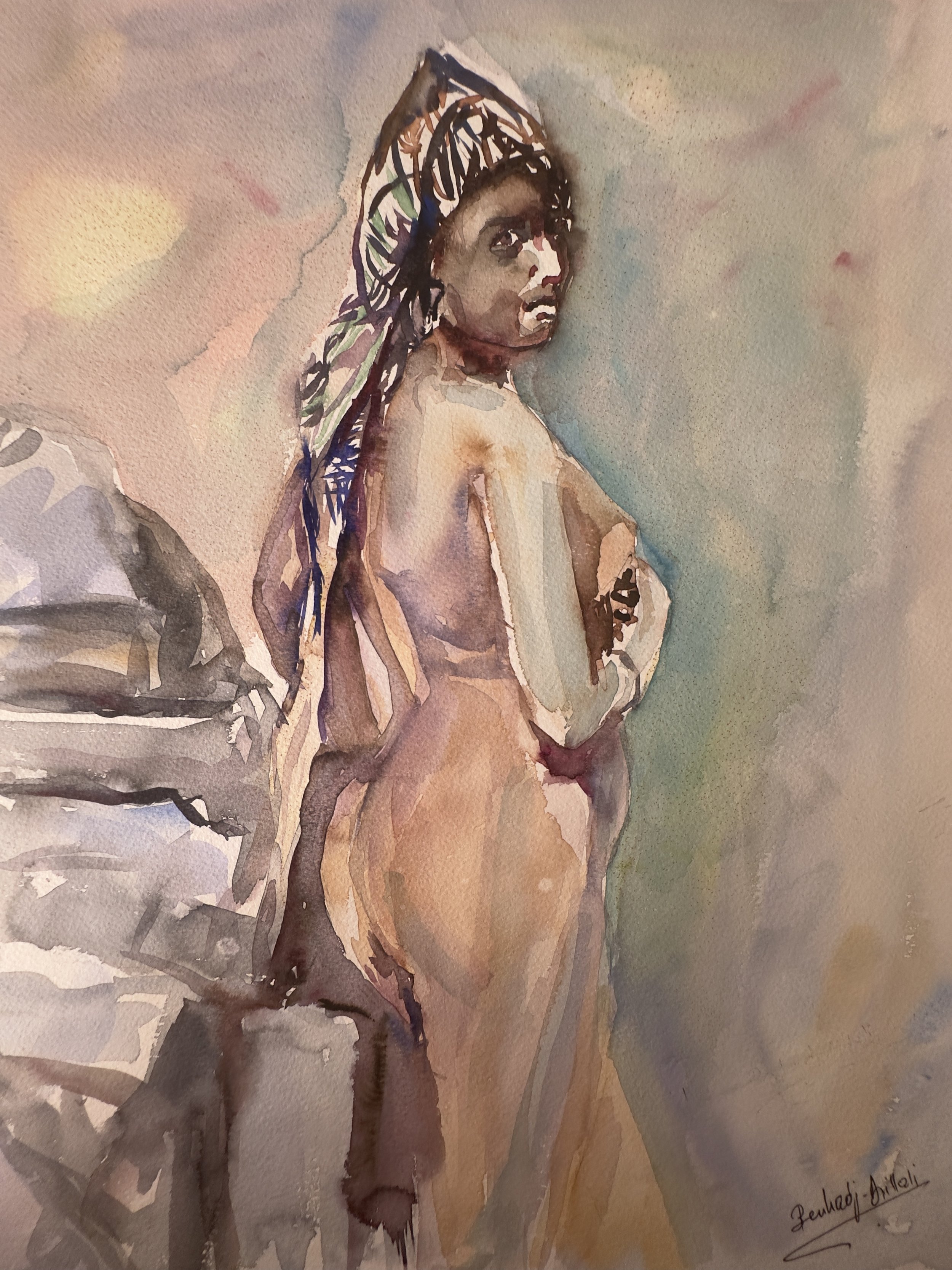 A watercolor painting of a woman with dark skin and braided hair, looking thoughtfully into the distance, with soft pastel colors background.
