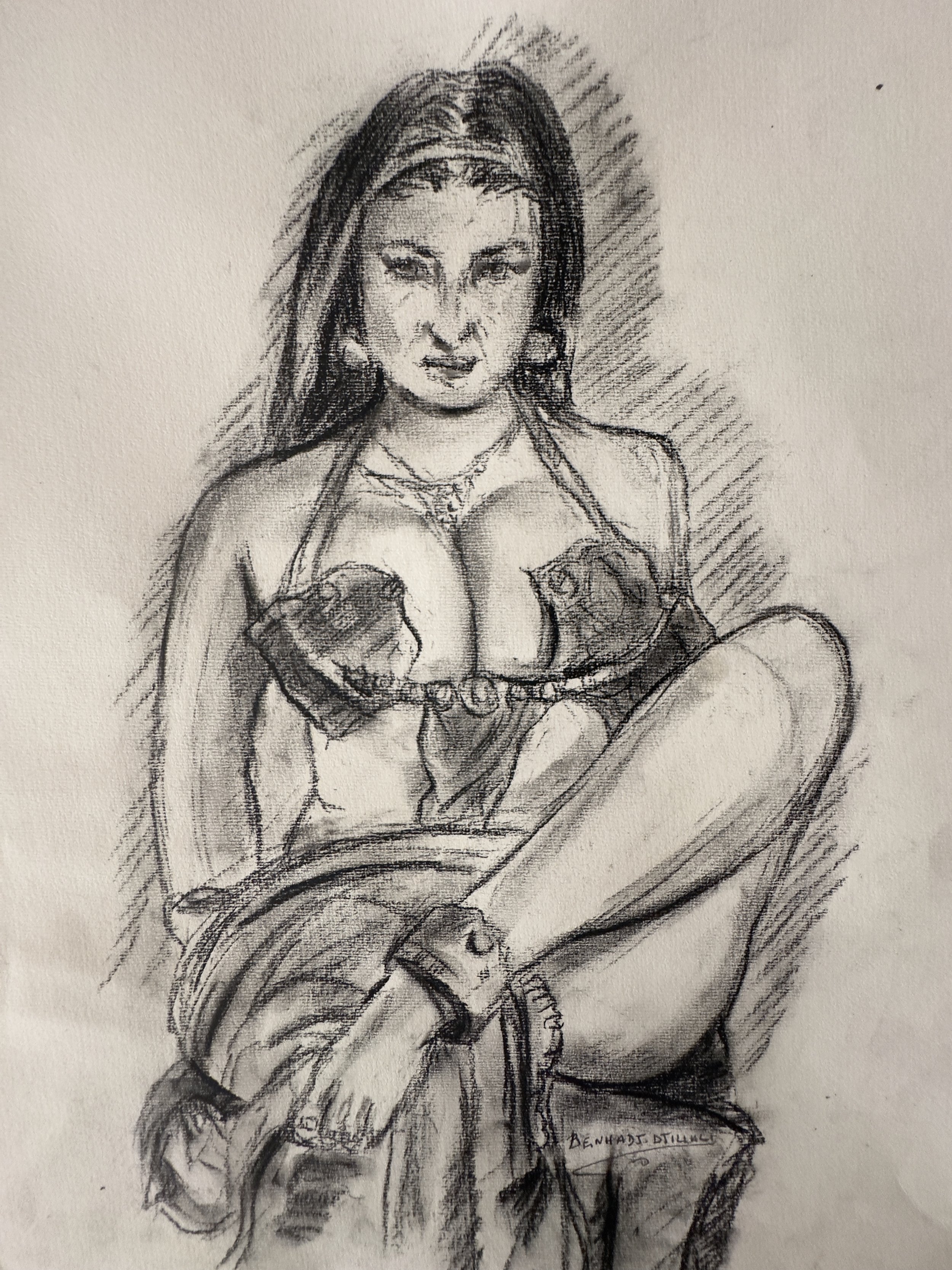 A sketch of a woman with long hair, wearing a bralette and jewelry, sitting on a chair.
