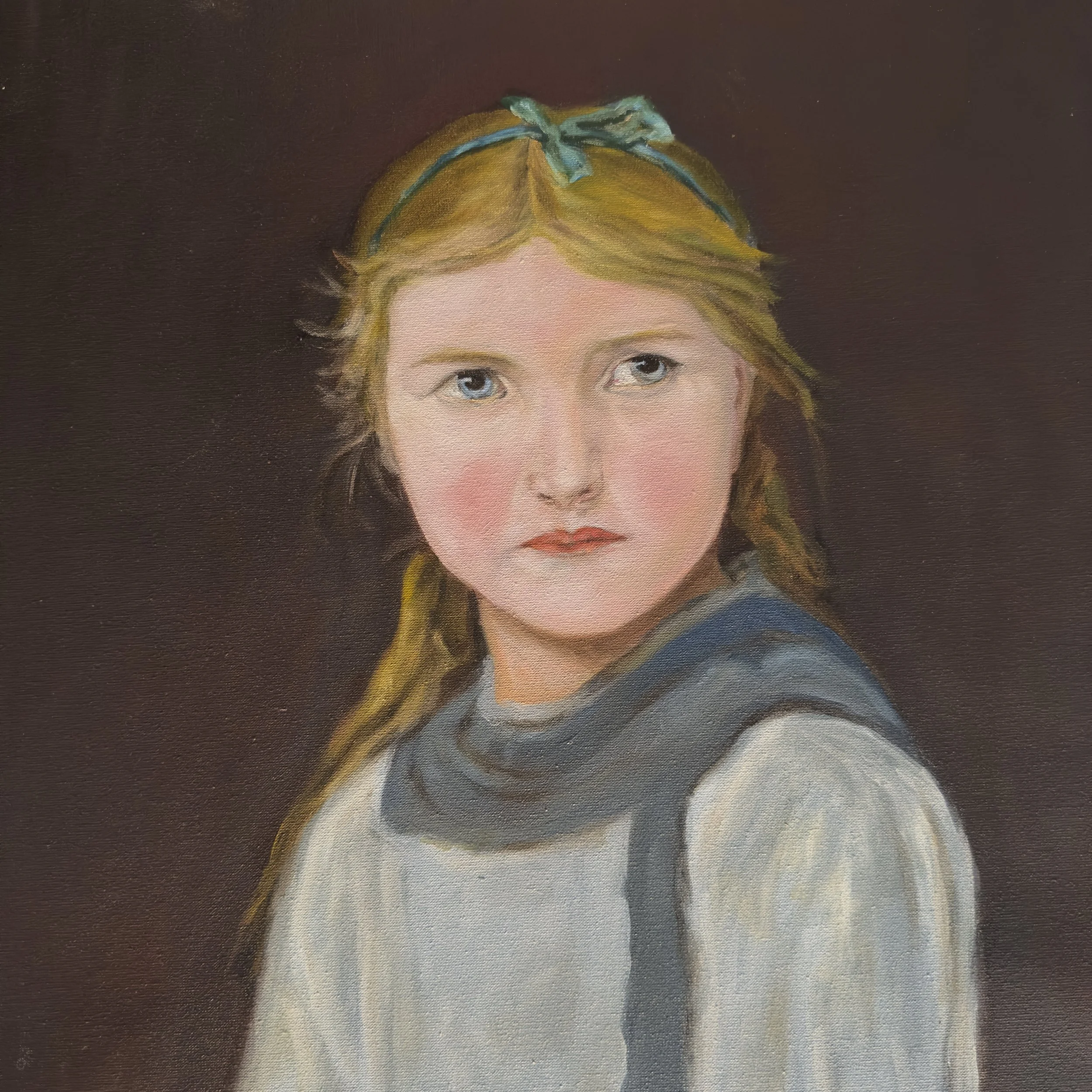 Close-up of a painted portrait of a young girl with blue eyes, light skin, and blonde hair, wearing a blue headband with a bow.