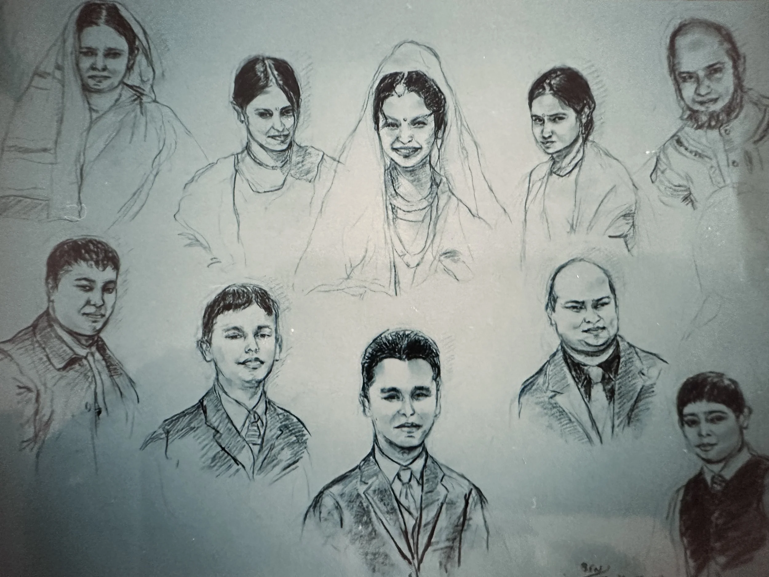 A hand-drawn sketch featuring multiple portraits of women and men, varying in expressions and hairstyles, arranged in a collage style.