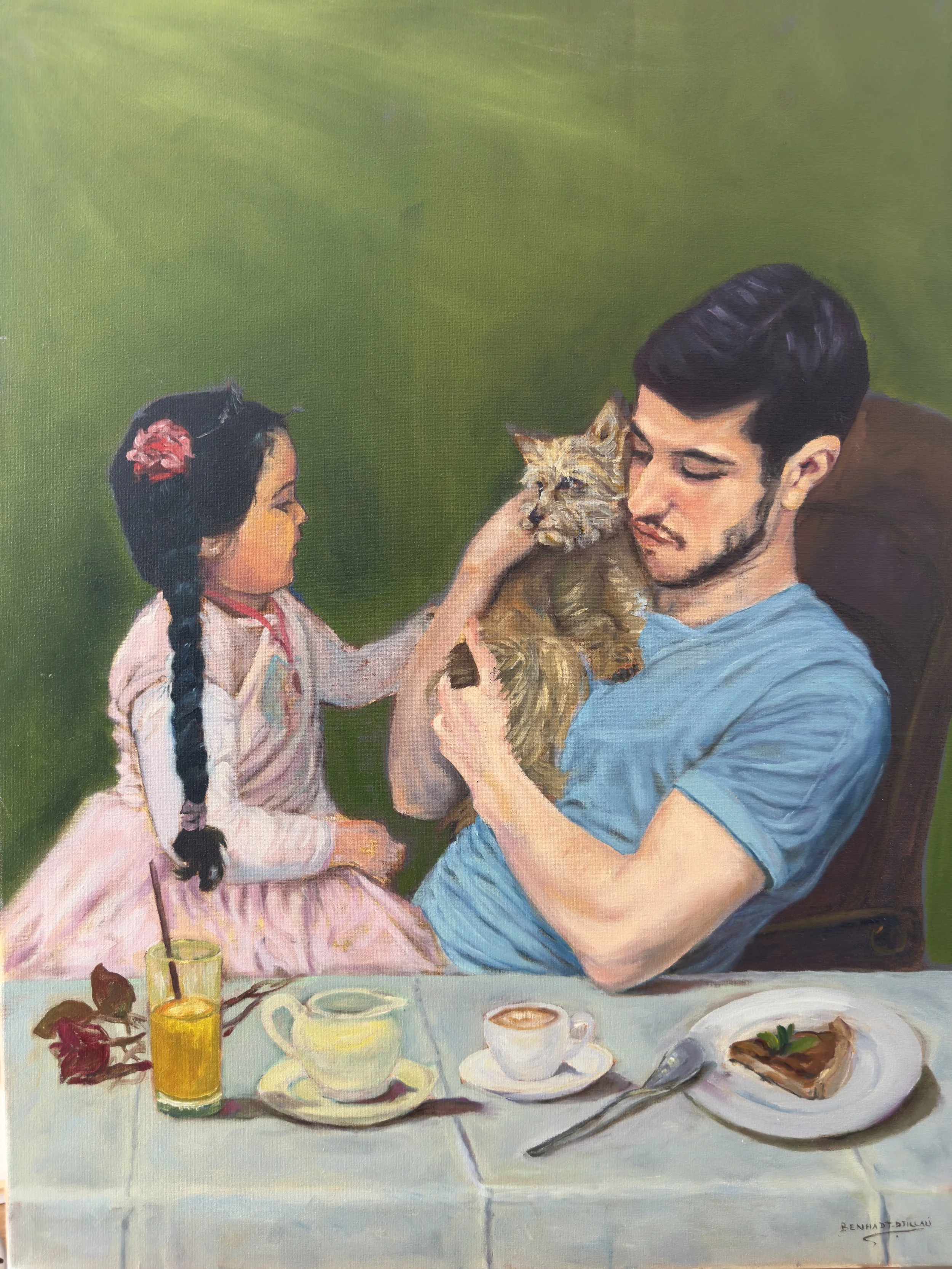 A painting of a young girl with long black hair and a pink dress, and a young man with dark hair and a blue shirt, sitting at a table with a cup of coffee, a glass of orange juice, and a plate of food, holding a cat between them.