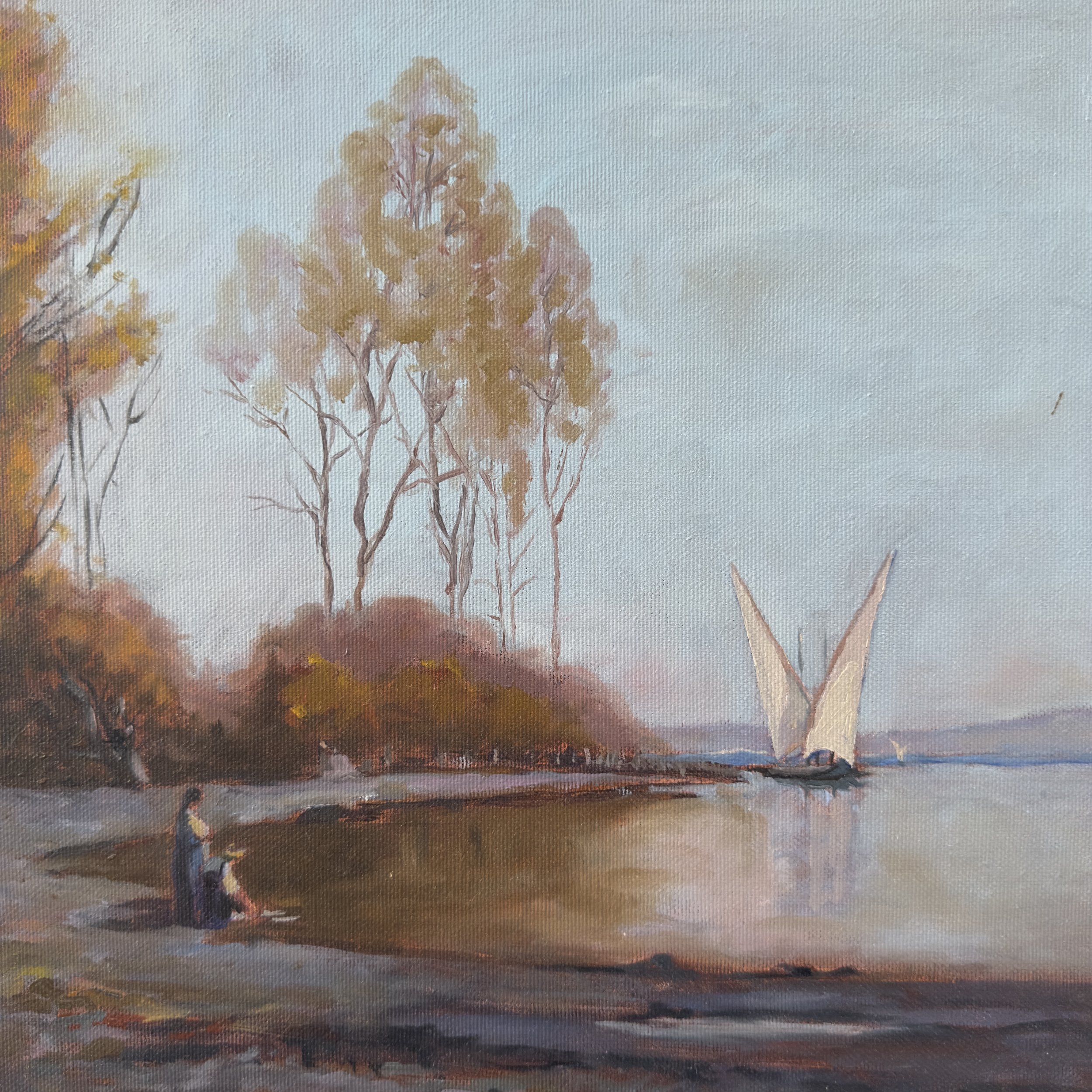 A landscape painting of several trees with fall foliage, set against an overcast sky.