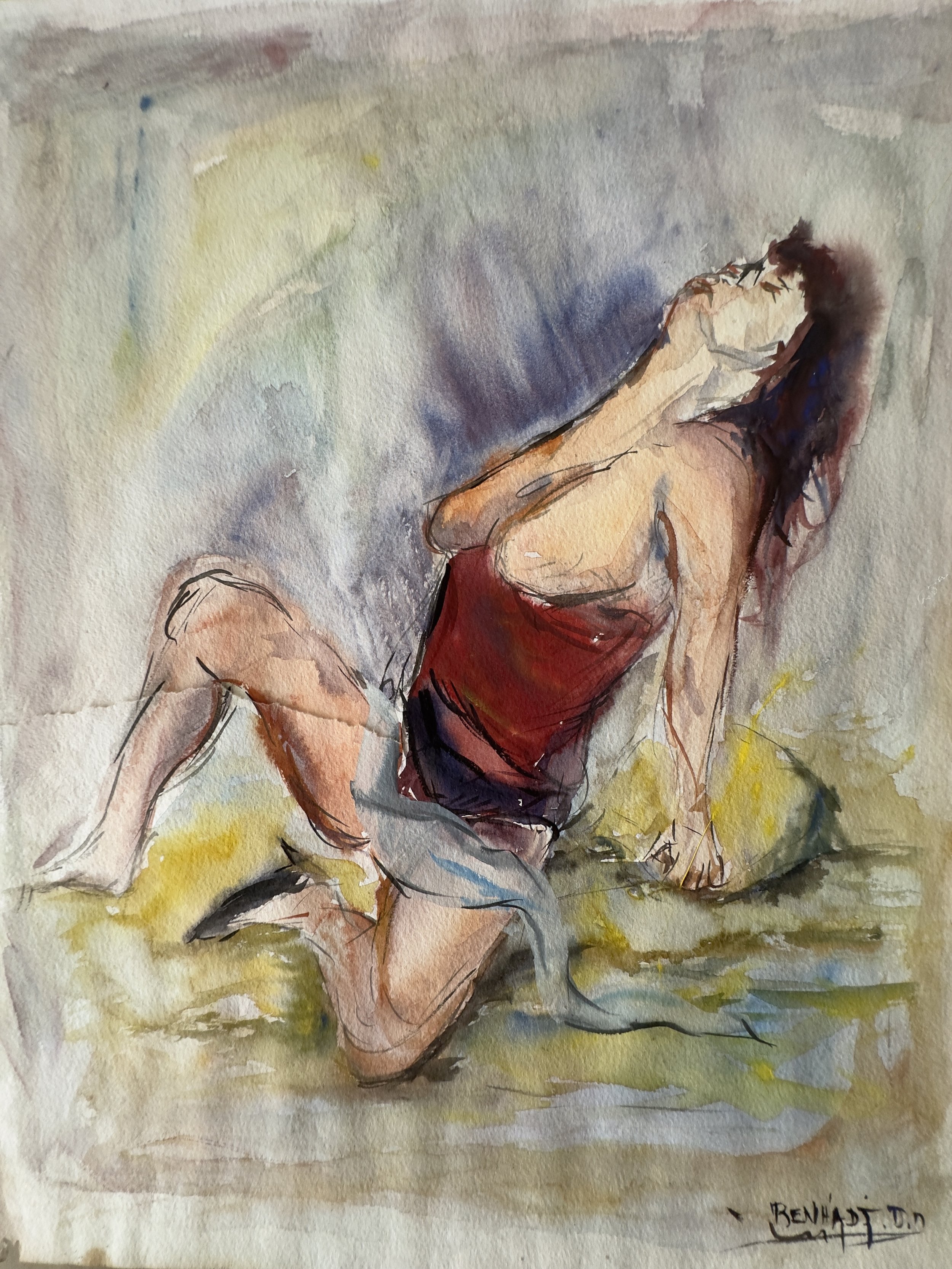 A watercolor painting of a woman with long dark hair, wearing a red top, sitting on the ground with one leg folded and the other extended, surrounded by abstract background colors.